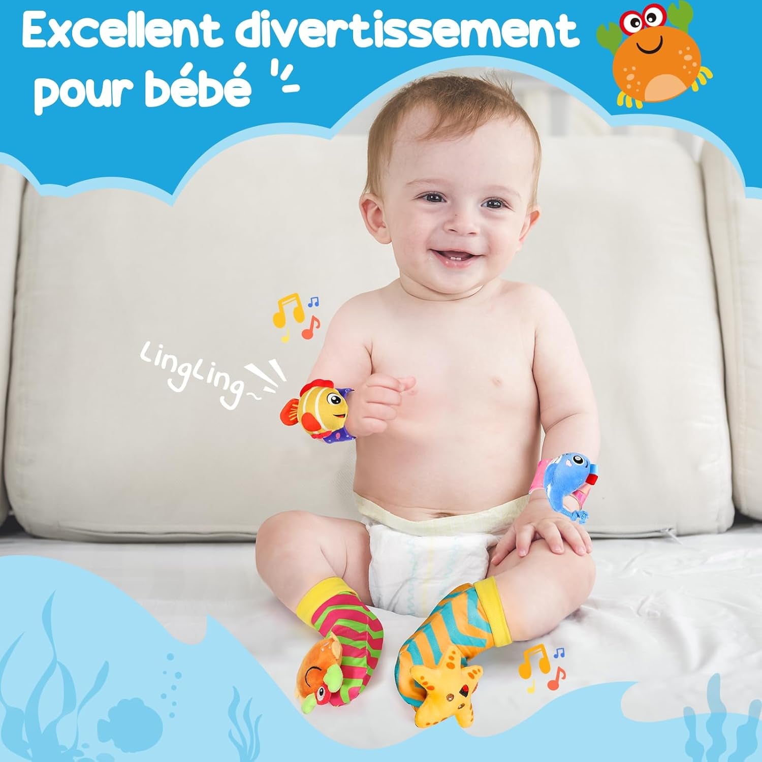 Hochet Bébé 0-3 Mois, 4 Pièces Poignets Et Chaussettes Jouet Et Jeux Éveil Montessori - Stimulation Sensorielle Et Motricité Fine - Cadeau Parfait Pour Bébés 0 3 6 9 Mois (Océan)