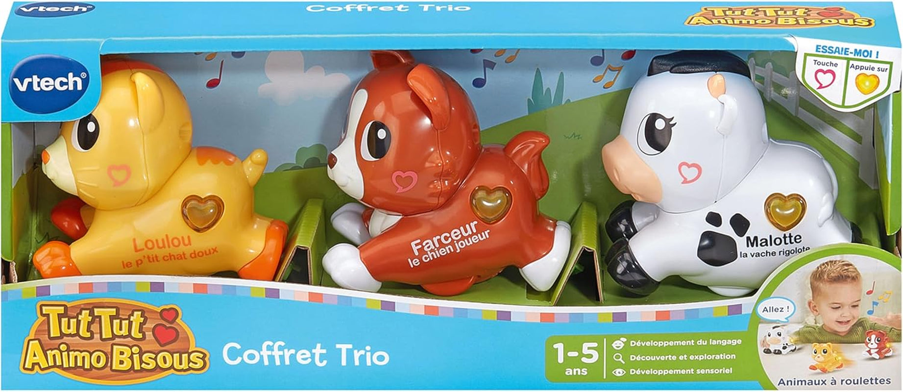 - Tut Tut Animo Bisous Coffret Trio - 3 Animaux Interactifs À Roulettes, Chat, Chien Et Vache - Jouets Musicaux Et Sonores À Collectionner - Cadeau Enfant De 1 an À 5 Ans - Contenu En Français