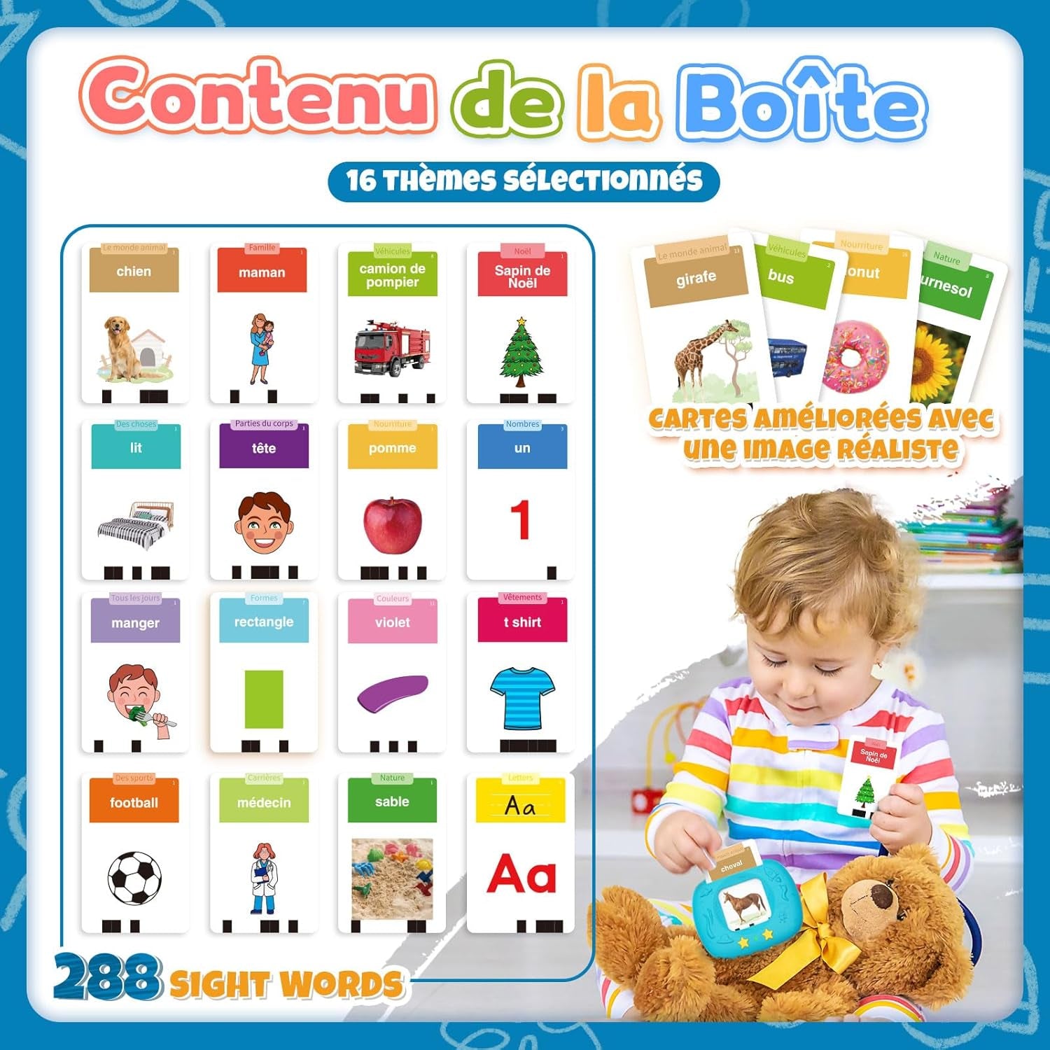 Jouets Éducatifs De La Parole Pour Tout-Petits, Cartes-Flash Réalistes Améliorées, Mots Visuels Français Avec Sons, Accent Français, Kit Jeu Montessori Pour Enfants D'Âge Préscolaire (Bleu)