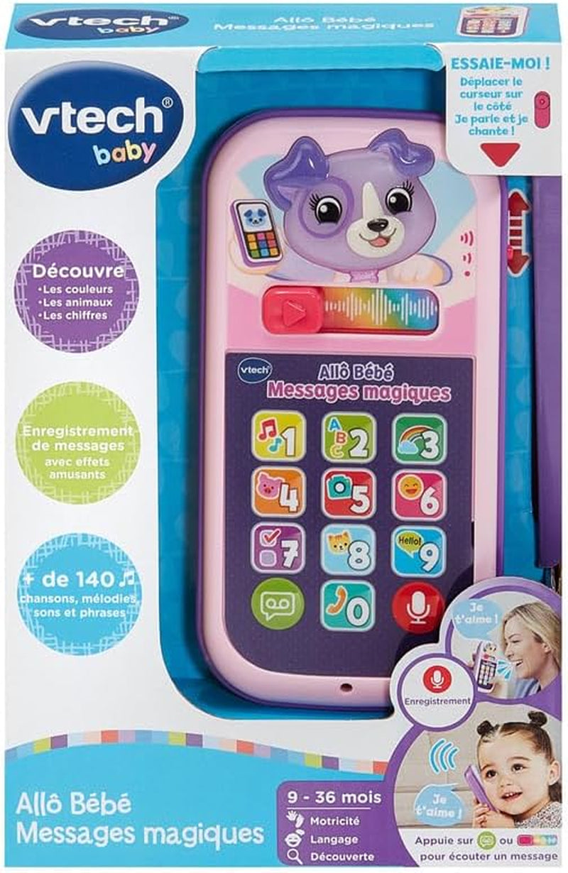 - Allô Bébé Messages Magiques Rose, Premier Téléphone Interactif, Parlant Et Musical Avec Enregistreur Vocal, Changeur De Voix Et Effets Lumineux, Cadeau Bébé Dès 9 Mois - Contenu En Français