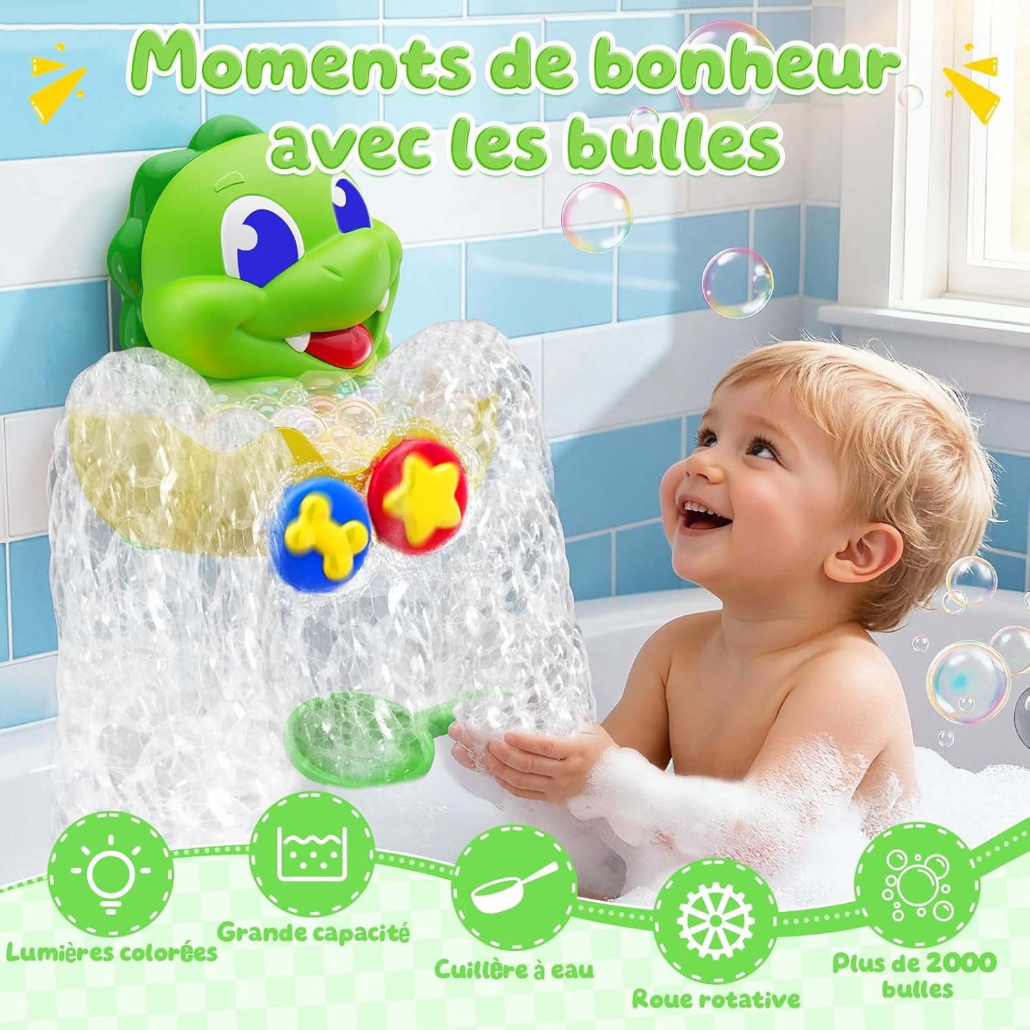Jouets De Bain Bébé Dinosaure, Jeux De Bain Pour Bebe Enfant 1-5 Ans, Jouet De Bain Machine À Bulles Avec Lumineux & Cuillère, Jouets Sensoriels De Baignoire, Cadeau Pour 1 2 3 4 5 Ans Garcon Fille