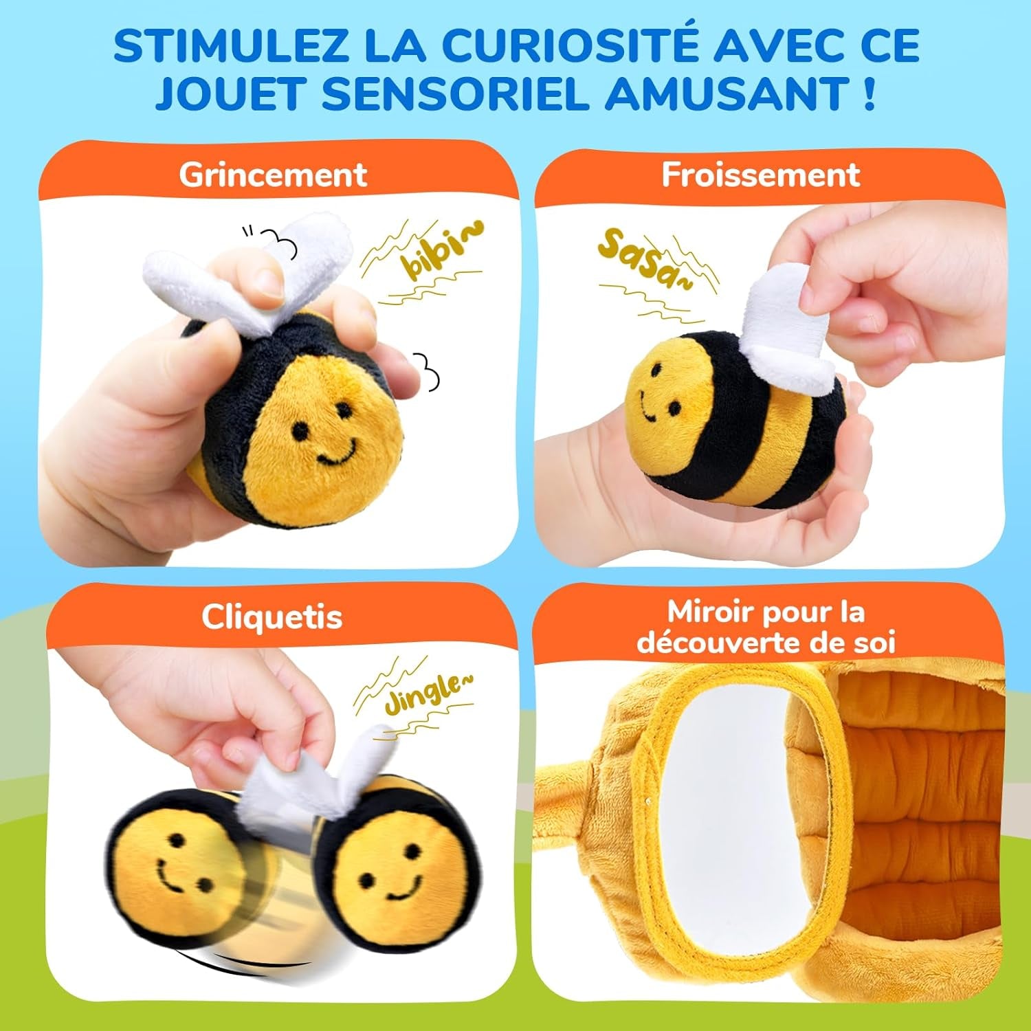 Jouet Bebe 6 Mois, Ruche En Peluche Avec 5 Abeilles, Jeux Montessori Avec Hochets, Miroirs Jouet Sensoriel Bébé, Cadeau Bebe Enfant 3 6 9 Mois Garçon Fille