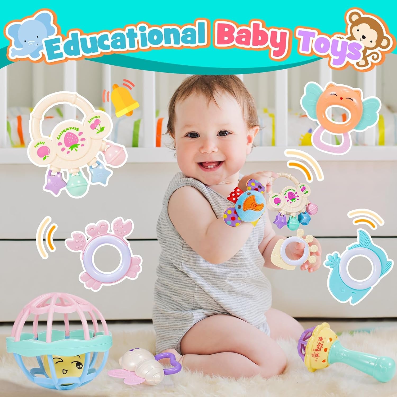 Hochet Bebe 0-12 Mois, Jouet Bebe 0 3 6 9 Mois Jeux Bebe 1 an Jouet Dentition Bébé Cadeau 0-12 Mois Fille Garçon Cadeau Bebe 1 an Jeux Montessori 0-12 Mois Jeux Eveil Bebe 0-12 Mois Jouet