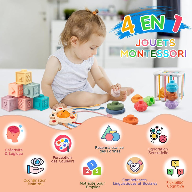 Jouet Montessori Bebe 4 En 1 - Corde À Tirer Jouets Sensoriels, Cube Souples a Empiler, Bébé Anneaux À Empiler, Cube Montessori Bebe - Jouets D'Éducation Précoce, Cadeaux Pour Bébés