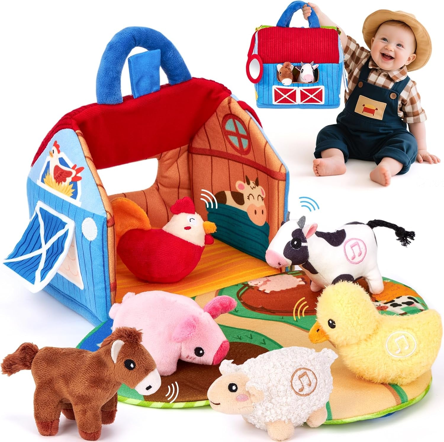 Jouets Pour Bébé 6 12 Mois - Jouet De Ferme Animal En Peluche, Grange Surprise Animaux Avec Vrais Sons - Jouets Montessori Pour Enfant 6 7 8 9 10 Mois, Jouet Sensoriel Bebe Cadeau Enfant