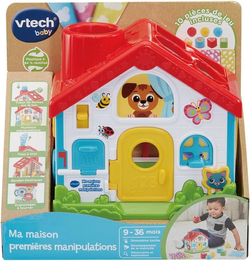 - Ma Maison Premières Manipulations, Jouet Sensoriel Fabriqué Avec Des Matériaux plus Durables, Trieur De Formes, Jeux D'Éveil Et De Motricité Fine, Cadeau Bébé Dès 9 Mois - Contenu En Français