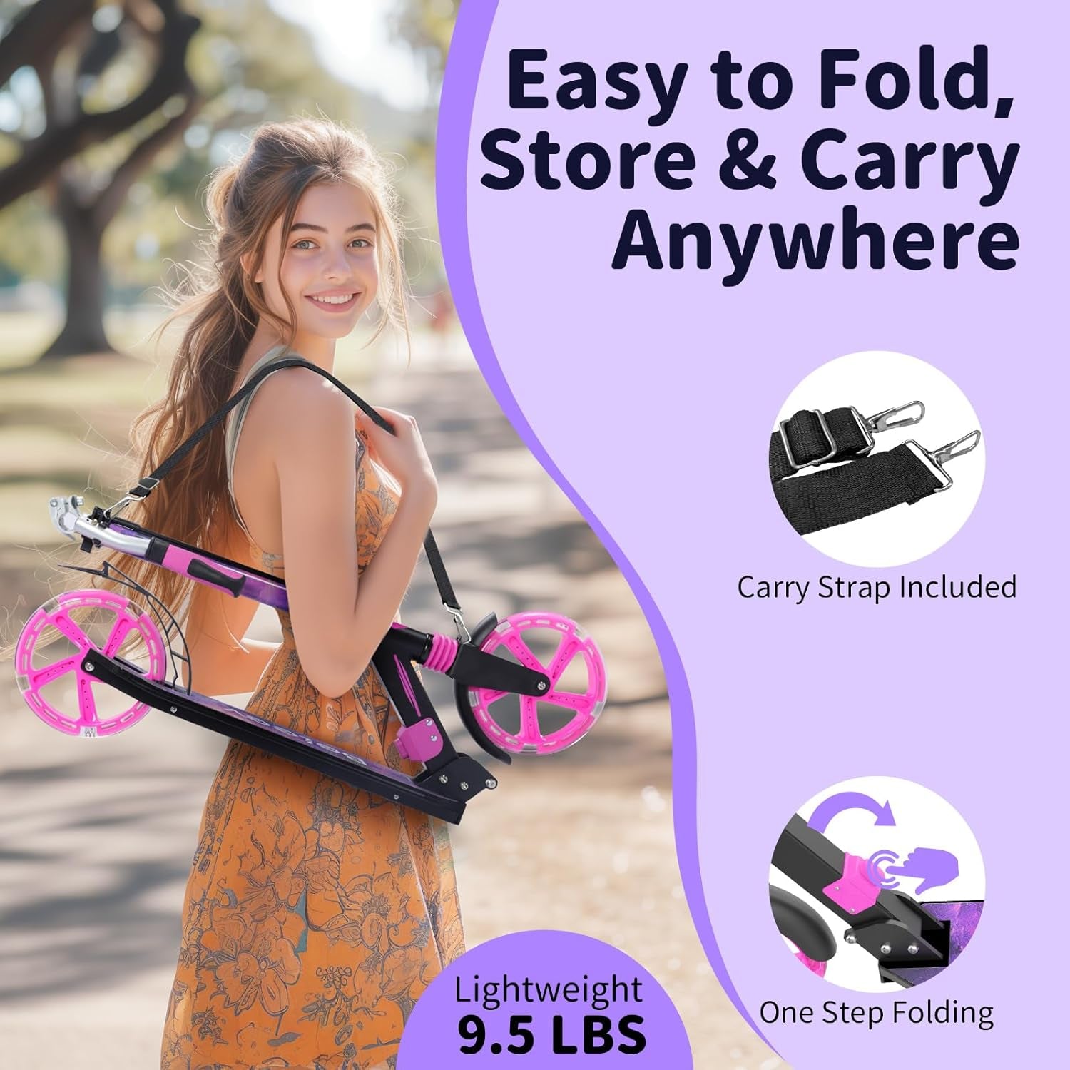 Trottinettes Enfants De 6 Ans Et Plus, LED Lumineuses Stem & Deck, Pliable, 4 Hauteurs Réglables, Sangle De Transport, Grandes Roue 200 Mm, City Scooter 2 Roues Pour Adulte Et Adolescent