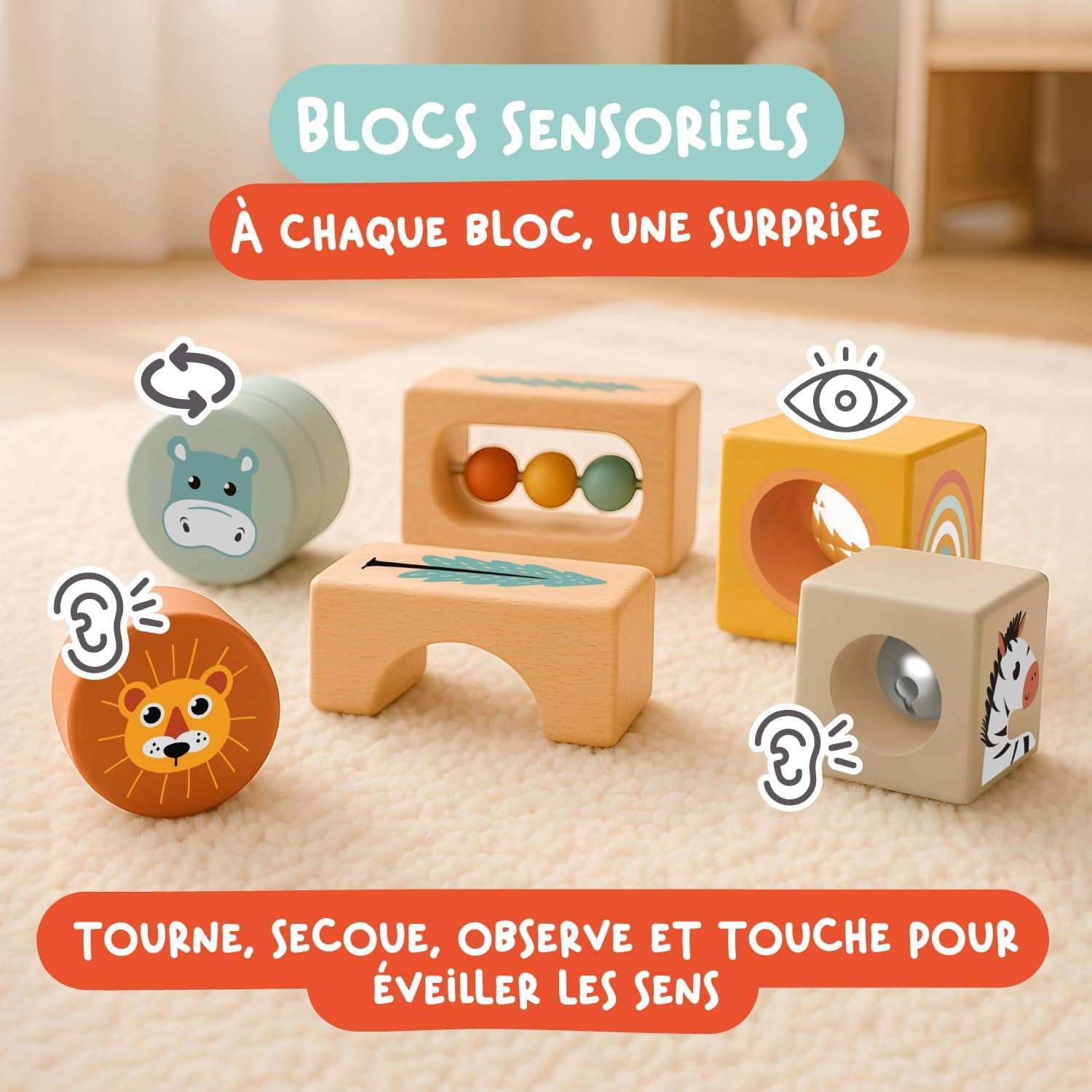 Jouet Bébé 1 an – Jouet Montessori En Bois 4-En-1 Avec Blocs Sensoriels, Pluie Musicale, Labyrinthe Girafe & Anneaux À Empiler – Jeu Sensoriel Cadeau Éducatif Pour Fille & Garçon 12 Mois+