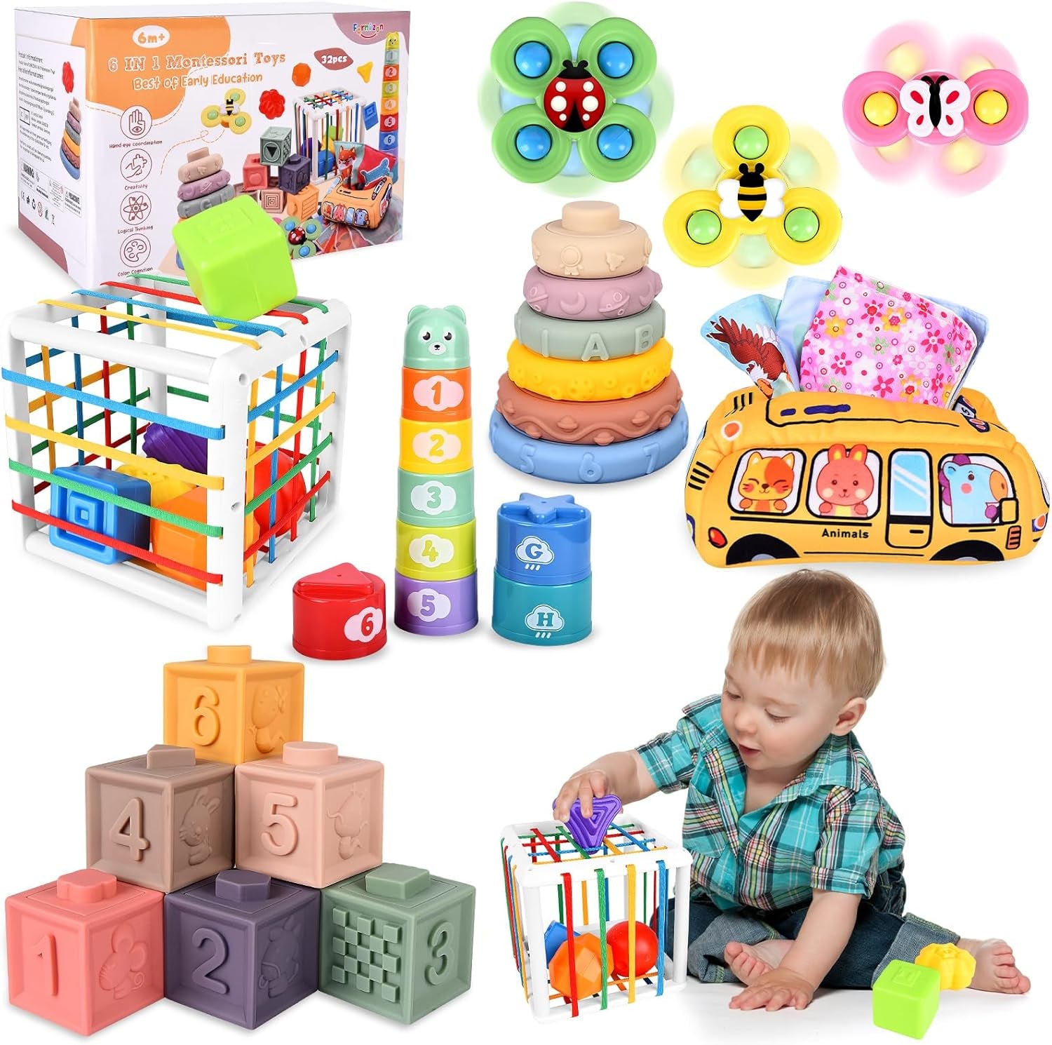 Herenear 6 En 1 Jeux Montessori Bébé Eveil, Jouets Sensoriels, Trieur De Formes, Jouets En Blocs, Boite Mouchoir Bebe, Jouets À Empiler, Jeux Montessori Pour Bebe 6 9 12 Mois 1 2 3 Ans