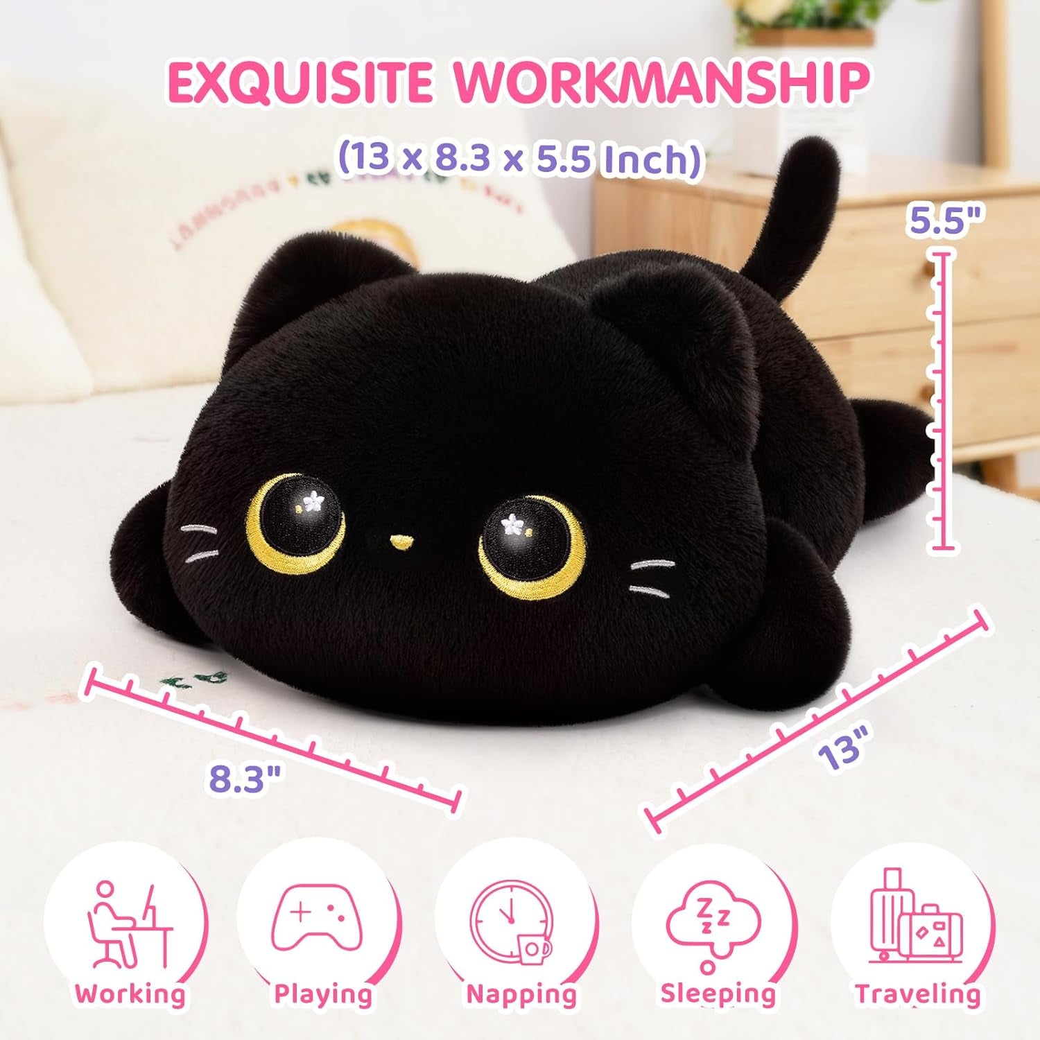 Peluche Chat Mignonne 13 Pouces,Oreiller Kawaii En Forme De Chat Noir,Coussin Peluche Doux Pour Enfants, Jouet Anti-Stress Câlin,Idée Cadeau Originale