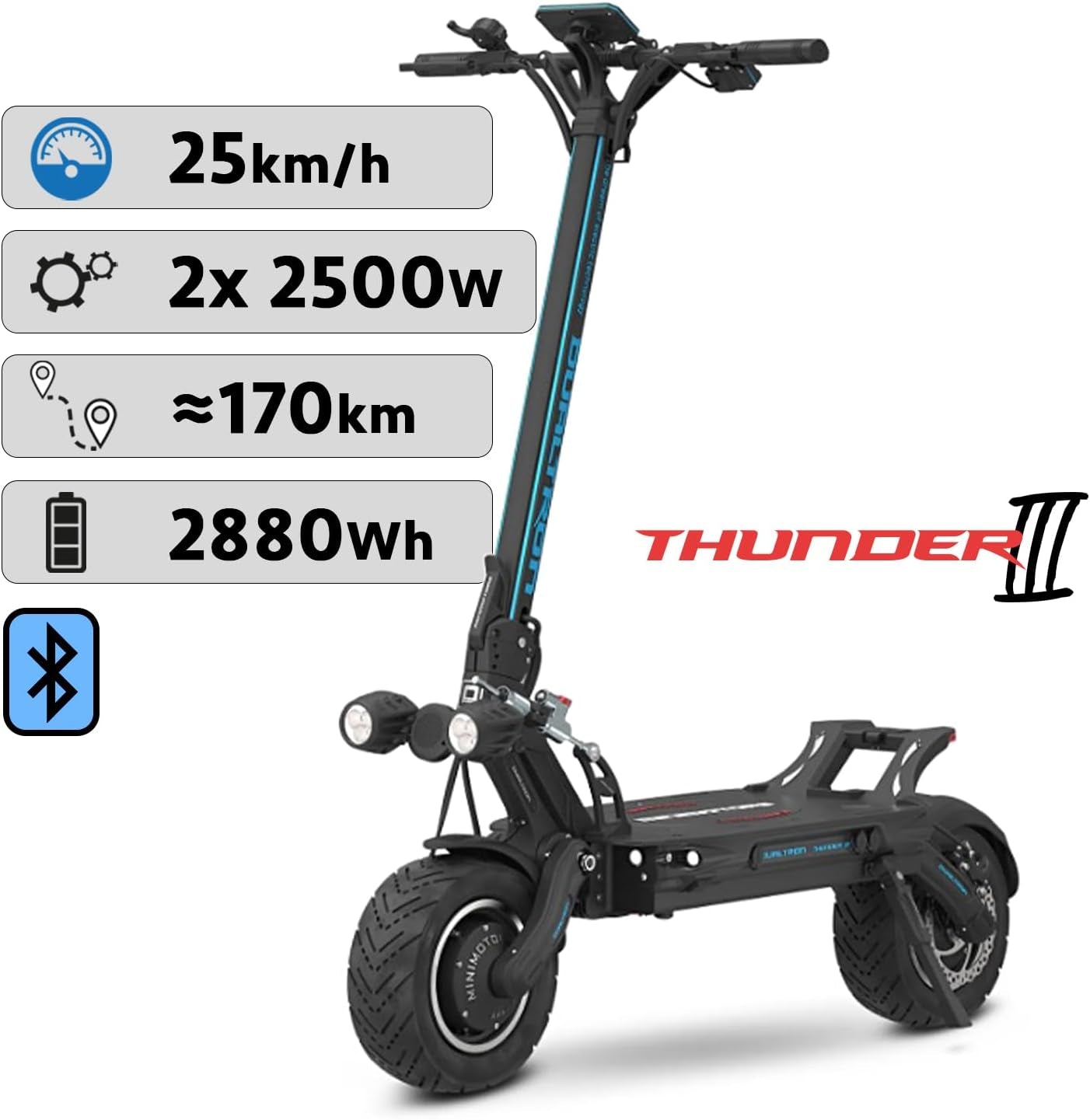 Trottinette Electrique Adulte Thunder 3-72V 40Ah, 2 Moteur 2500W, Autonomie Jusqu'À 125Km, 25Km/H, Rapide Puissante Et Confortable, Noire
