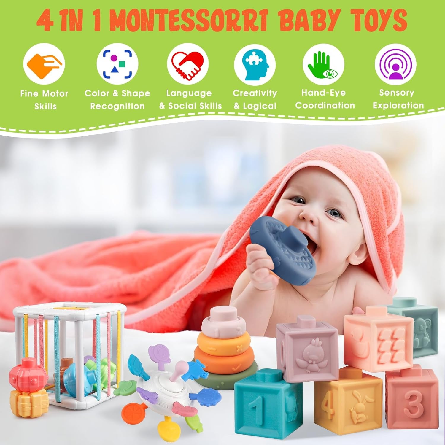 Jouets Bébés Pour 6 À 12 Mois | 4 in 1 Montessori Sensoriel Jouets | Jouet Empilable Bébé | Motricité Cube D'Activité Jeux Pour Enfants | Jeux Eveil Bebe 6 9 12 Mois Anniversaire Noël Cadeau