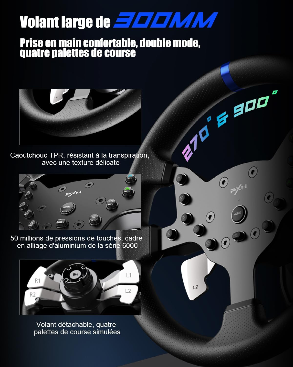 V99 Volant De Jeu – Retour De Force 3,2 Nm, 270°&900°, 300Mm, 4 Palettes, 3 Pédales, Levier De Vitesses En H, Application De Réglage – Volant Pour PC, Xbox, PS4