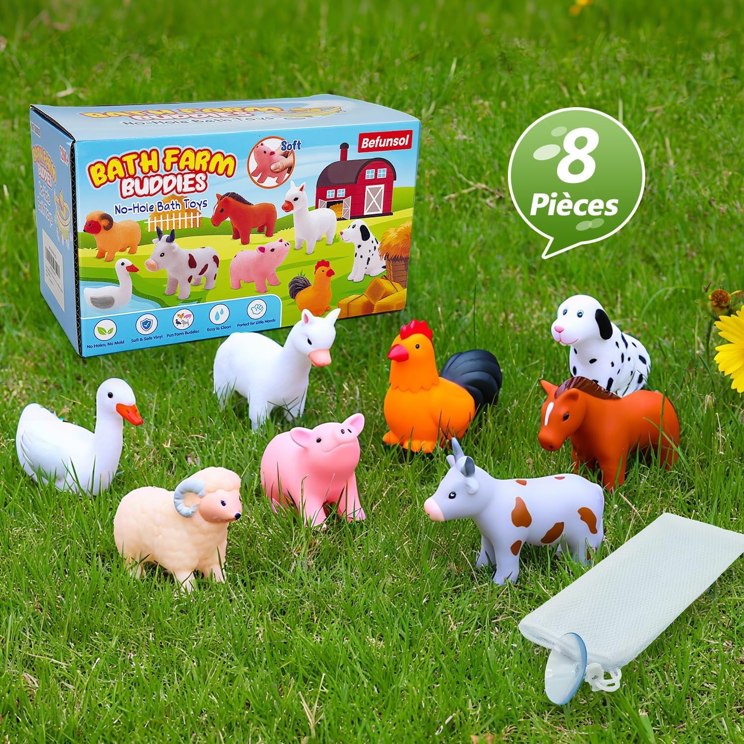 Jouet Bain Bébés 1 An, Anti-Moisissure Jouets De Bain Pour Bebe 1 2 3 Ans, Lot De 8 Animaux Ferme Sans Trou Jouet Jeu Jeux Piscine Enfant Avec Sac De Rangement En Filet