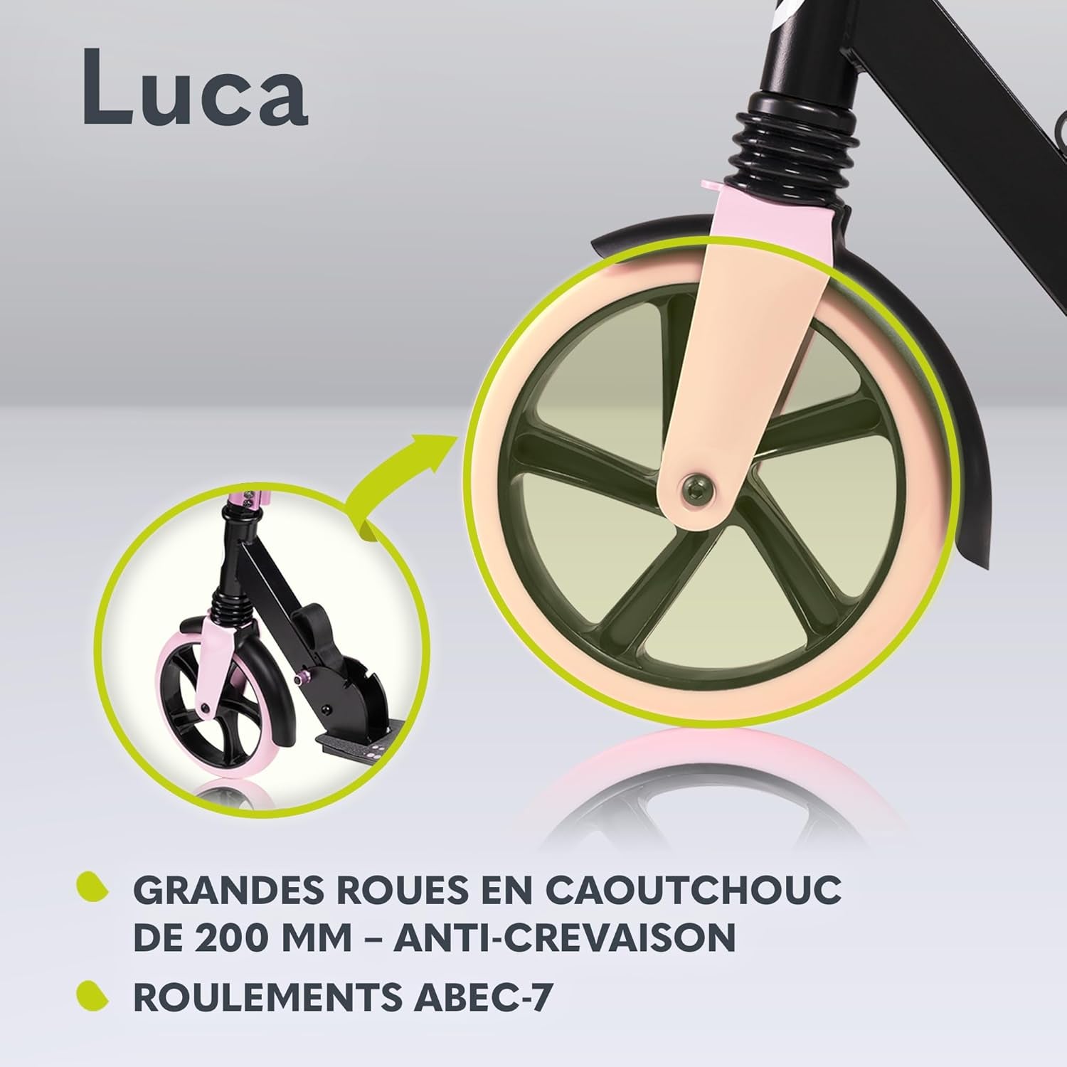 LUCA Trotinette Enfant Et Adultes Jusqu'À 100 Kg, Construction Durable, Pliage, Rapide, Guidon Ajustable, Roues À 20 Cm, Amortisseur Shockresist Frein (Noir)