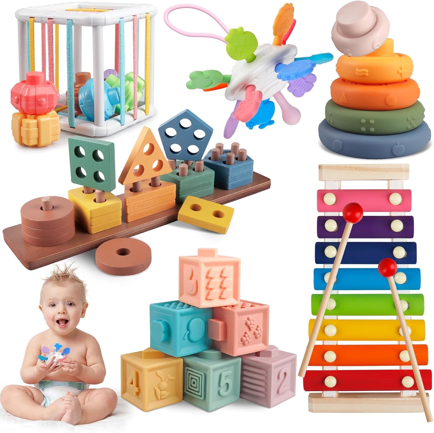 6 En 1 Jouets Bebe, Jeu Eveil Bebe Montessori | Cube Activite | Xylophone | Jouet En Bois | Jeux Cadeau Pour Bébé Fille Garçon