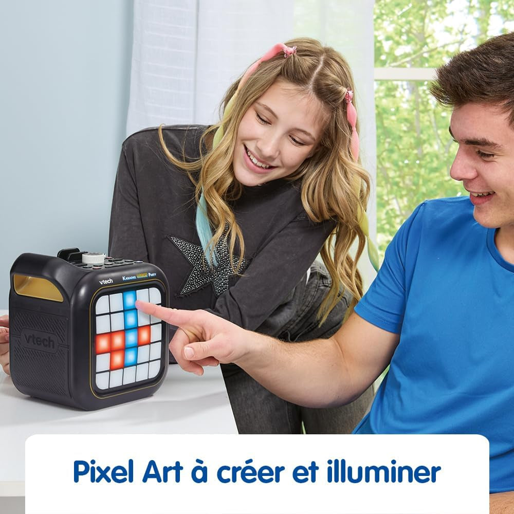 - Karaoke Light Party - Enceinte Bluetooth Lumineuse Pixel Art - Kit Karaoké Complet Avec 2 Micros Sans Fil, Modificateur De Voix Et Jeux - Cadeau Adulte, Ado Et Enfant - Contenu En Français