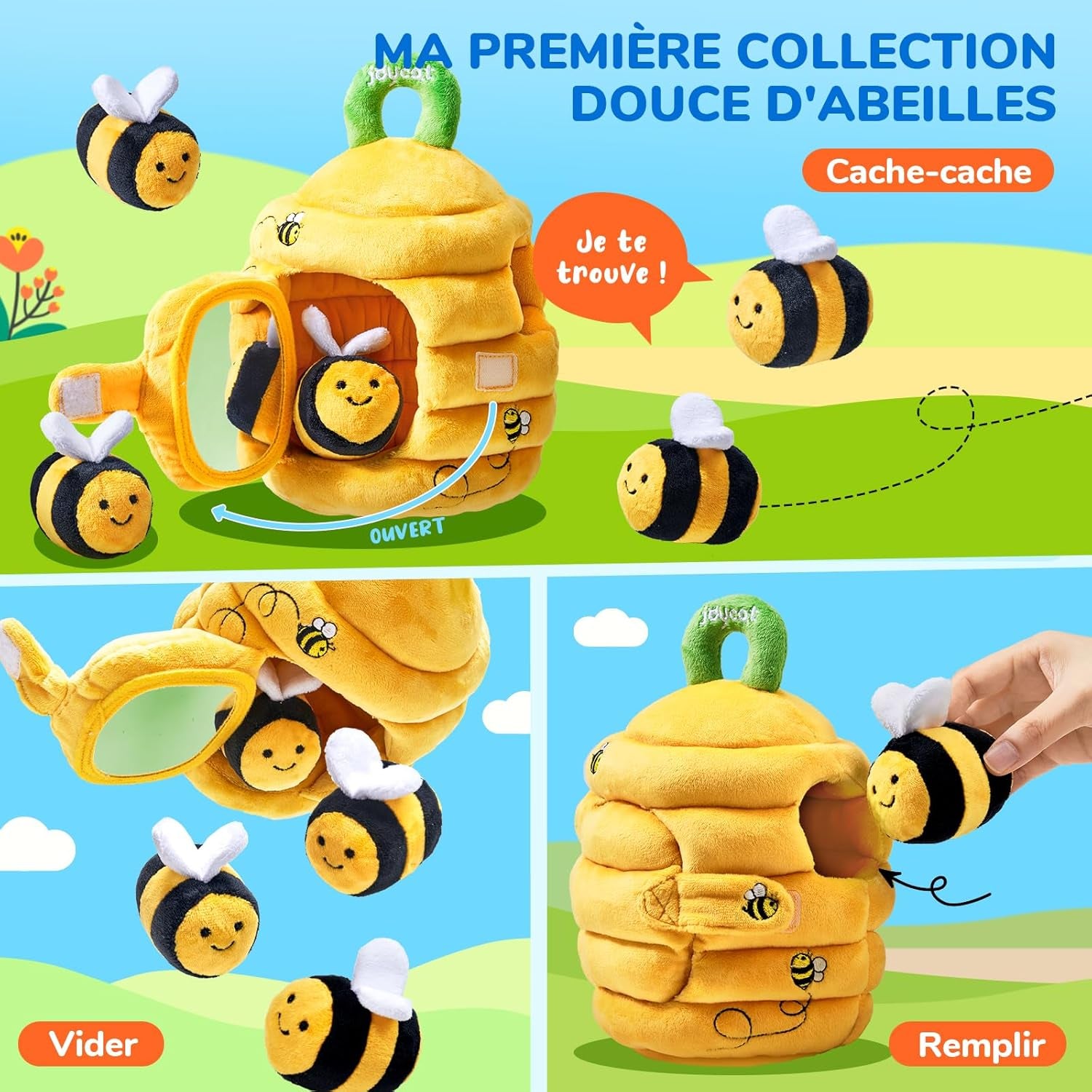 Jouet Bebe 6 Mois, Ruche En Peluche Avec 5 Abeilles, Jeux Montessori Avec Hochets, Miroirs Jouet Sensoriel Bébé, Cadeau Bebe Enfant 3 6 9 Mois Garçon Fille