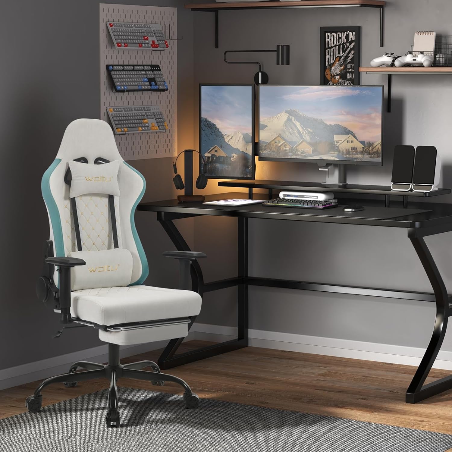 Chaise Gaming, Chaise Bureau Massante, Fauteuil Ergonomique Avec Coussin Lombaire Massant, Siège Large À Ressorts, Appui-Tête, Repose-Pieds, Tissu Technique, Charge 150Kg, Blanc