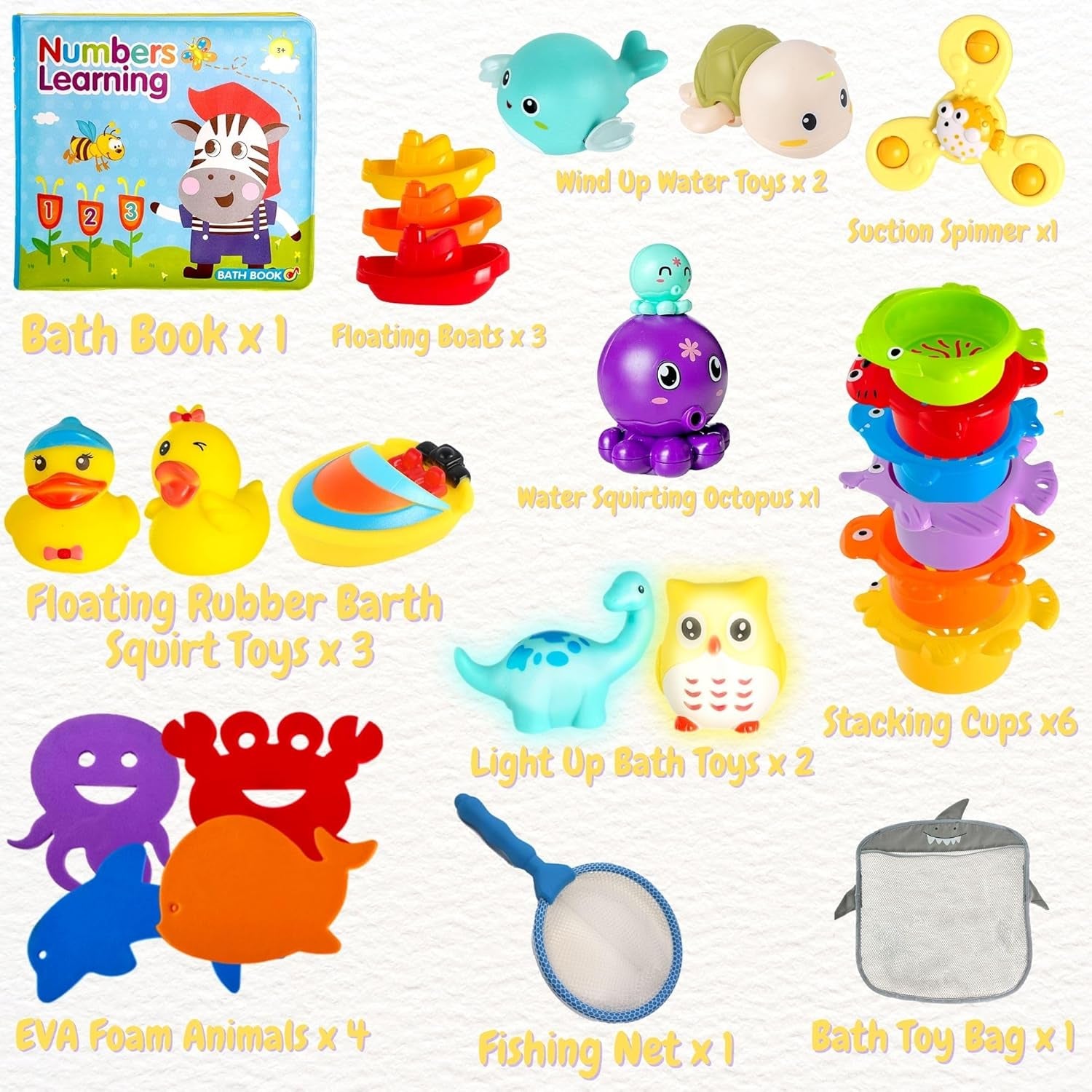 Set De Jouet De Bain Bébé, Jeux De Bain Pour Bebe Enfant, 25Pcs Jouets De Bain, Sac De Rangement Inclus, Jouet D'Éveil, Jouets Éducatifs, Coffret Cadeau Pour Bébés De plus De 6 Mois