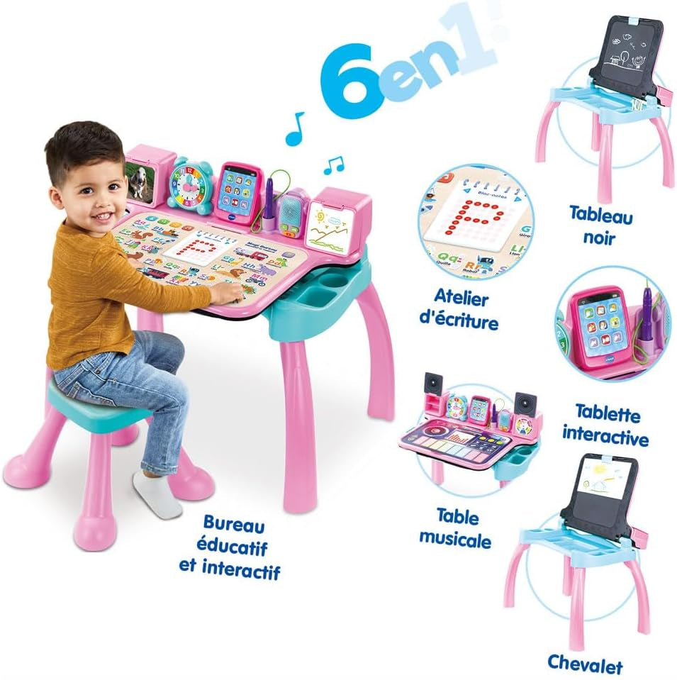 - Magi Bureau Interactif Et Musical 6 En 1 - Bureau Enfant Rose Avec Tabouret - Table De Jeux Éducative, Chevalet À Dessin Et Tableau Noir À Craie - Cadeau Enfant Dès 3 Ans - Contenu En Français