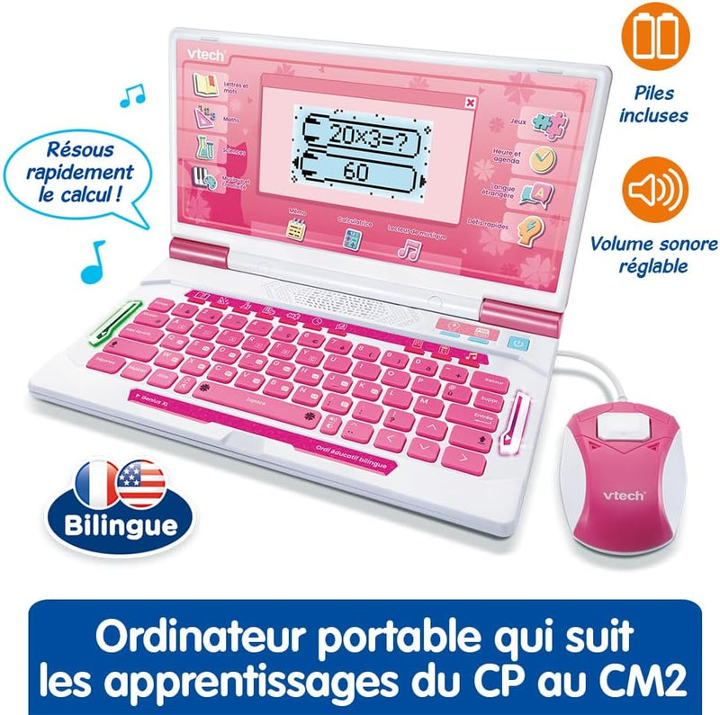 - Genius XL Ordi Éducatif Bilingue Rose - Ordinateur Enfant Avec Écran LCD, Clavier AZERTY, Souris Et 164 Jeux Éducatifs - Du CP Au CM2 - Cadeau Enfant Dès 6 Ans - Contenu En Français Et Anglais