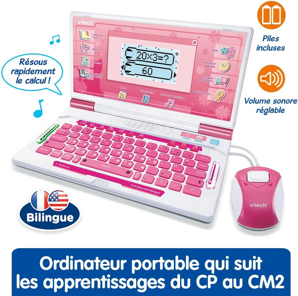 - Genius XL Ordi Éducatif Bilingue Rose - Ordinateur Enfant Avec Écran LCD, Clavier AZERTY, Souris Et 164 Jeux Éducatifs - Du CP Au CM2 - Cadeau Enfant Dès 6 Ans - Contenu En Français Et Anglais
