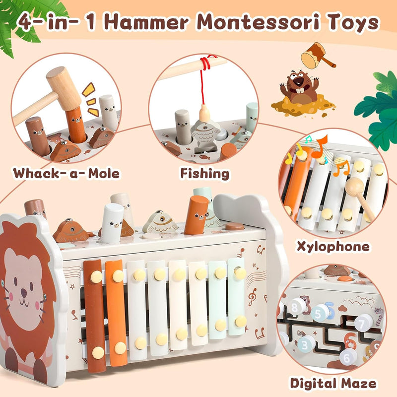 Jouet Bebe 1 an - Jeux Montessori 1 an 4 En 1 Jouet Montessori Avec Tape-Taupe Xylophone Bebe Pêche Et Labyrinthe Jouets Enfant 1 Ans Educatif En Bois Idéal Cadeau Noel Enfant 1 Ans Fille Garçon