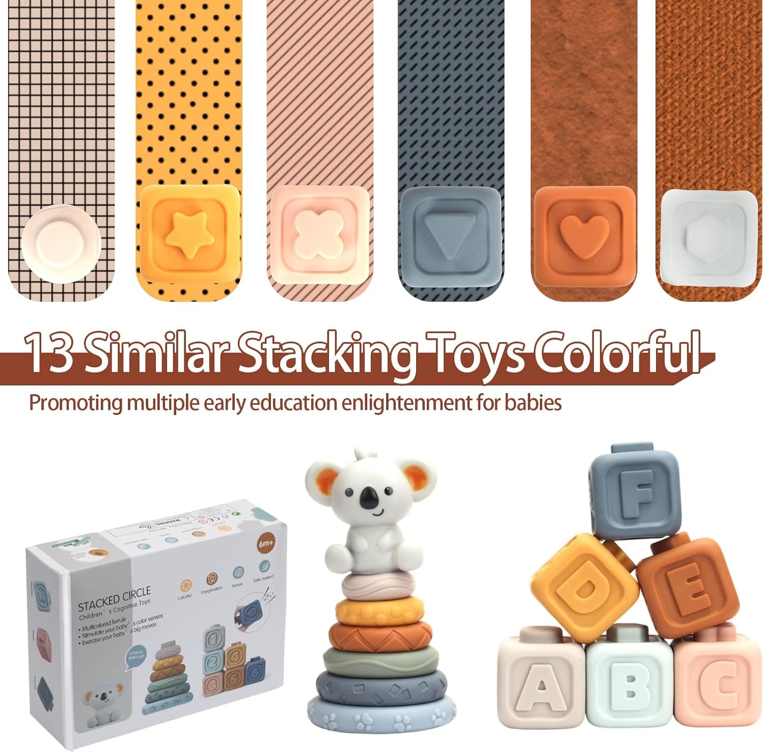 Circles Et Blocs Montessori Toy Gobelet Empilable Bébé Tour Empilable & Anneaux De Dentition Pour Jeu D'Empilement, Avec Chiffres Textures De Fruits, Jouets Éducatifs Éducatifs Pour 13 Pièces