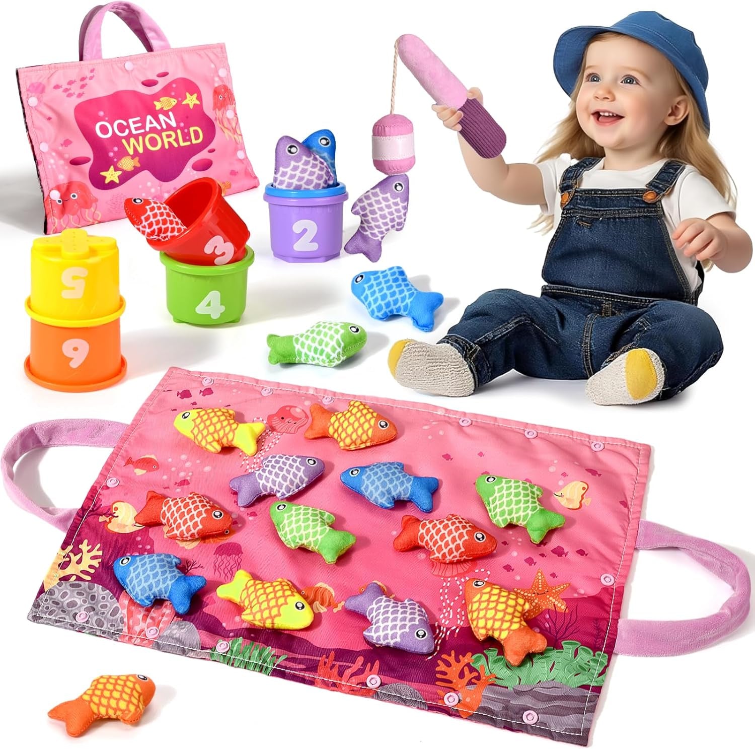 Jouet Fille 1 An, Jeux Montessori Pêche a La Ligne Pour Enfant 6 9 12 18 Mois, Apprendre Les Couleurs Avec Jouets,Fille Garçon Jouet Bebe 6 Mois Pink Cadeau Pour Enfant 1 2 3 Ans