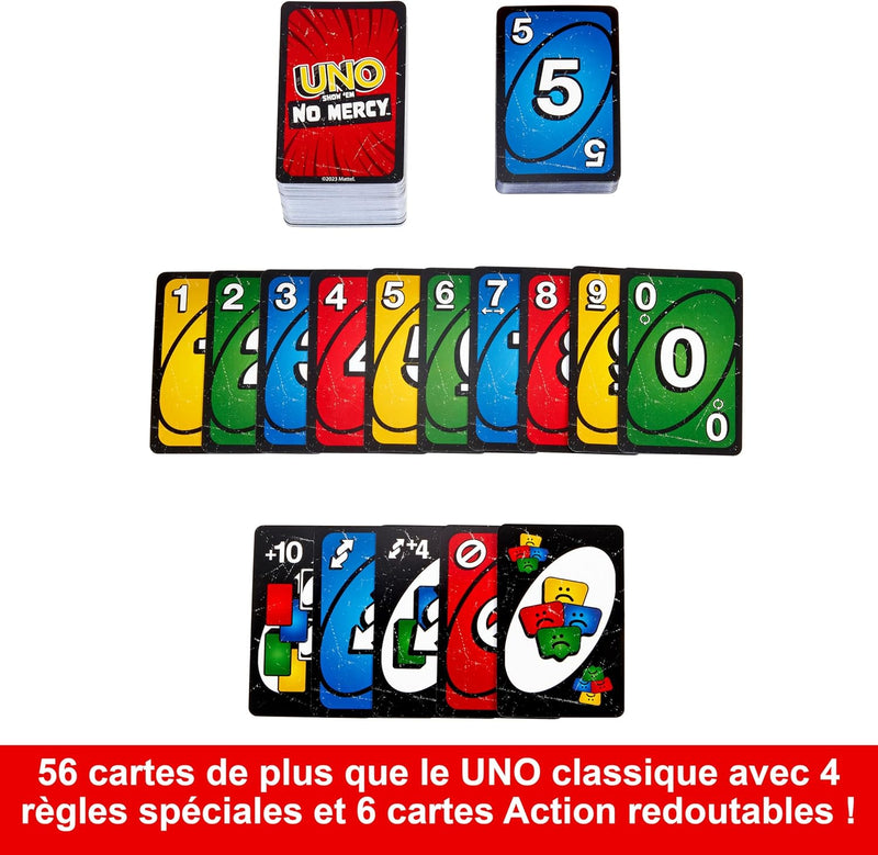 Uno No Mercy Jeu De Cartes Familial Avec 56 Cartes Supplémentaires, Règles Spéciales, Cartes Action Redoutables, Pénalités plus Sévères, Jouet Enfant, Dès 7 Ans, HWV18