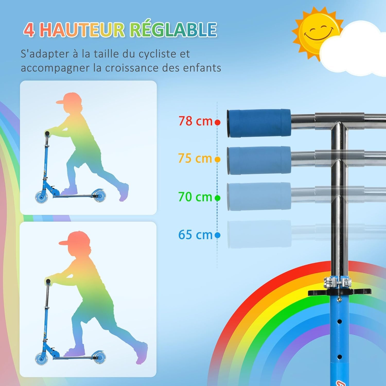 Trottinette Pour Enfants De 3 À 7 Ans, Roues Légères Et Pliables En PU, 12 Lumières LED, Musique, 4 Niveaux De Réglage De La Hauteur Du Guidon, Frein À Friction, Bleu