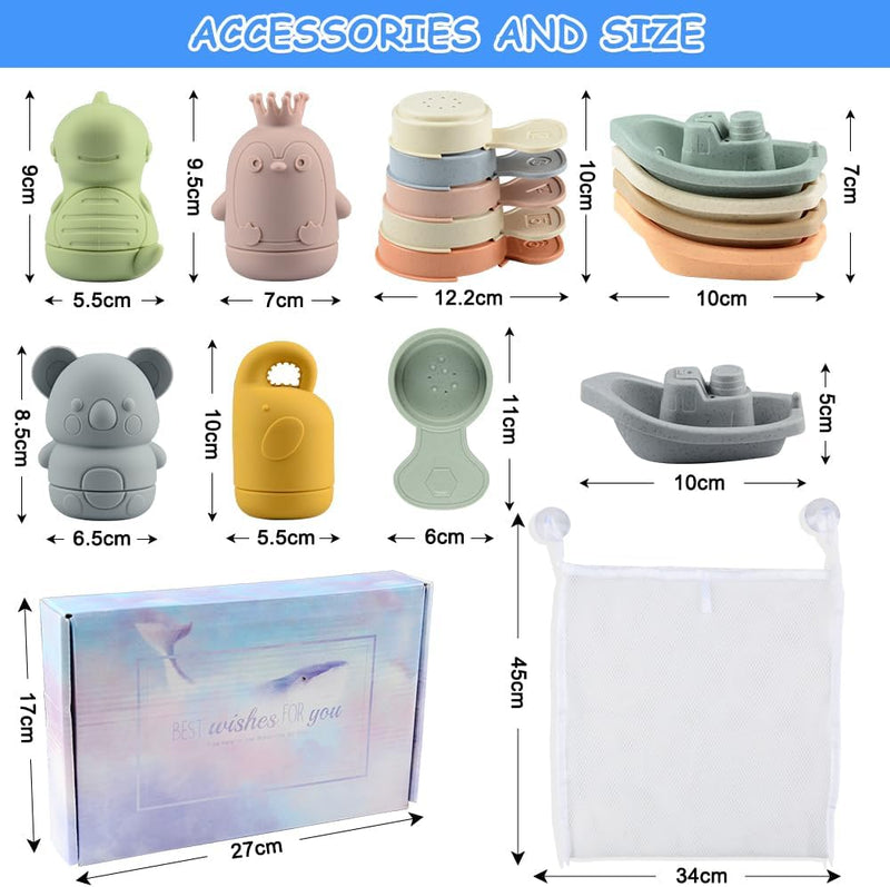 Jouet Bain Bébé, 16 Pièces Jouets De Bain Jouets À Presser Sensoriels Avec Bateaux Empilables Et Cuillère, Jeux De Bain Jouets De Douche De Bébé Amusants Jouets Flottants Pour Bebe Enfant