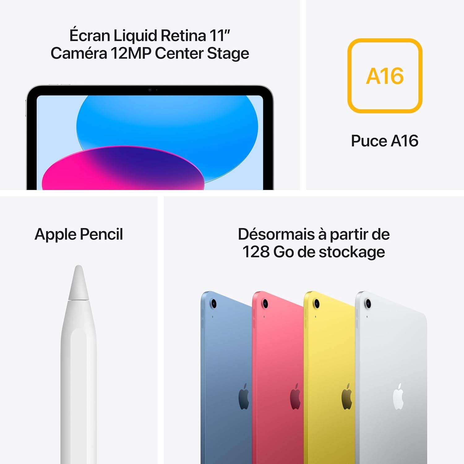 Ipad Avec Puce A16 : Écran Liquid Retina 11 Pouces, 512 Go, Wi-Fi 6 Et Connectivité Cellulaire 5G, Caméras Avant/Arrière 12 Mpx, Touch ID, Autonomie D’Une Journée – Argent