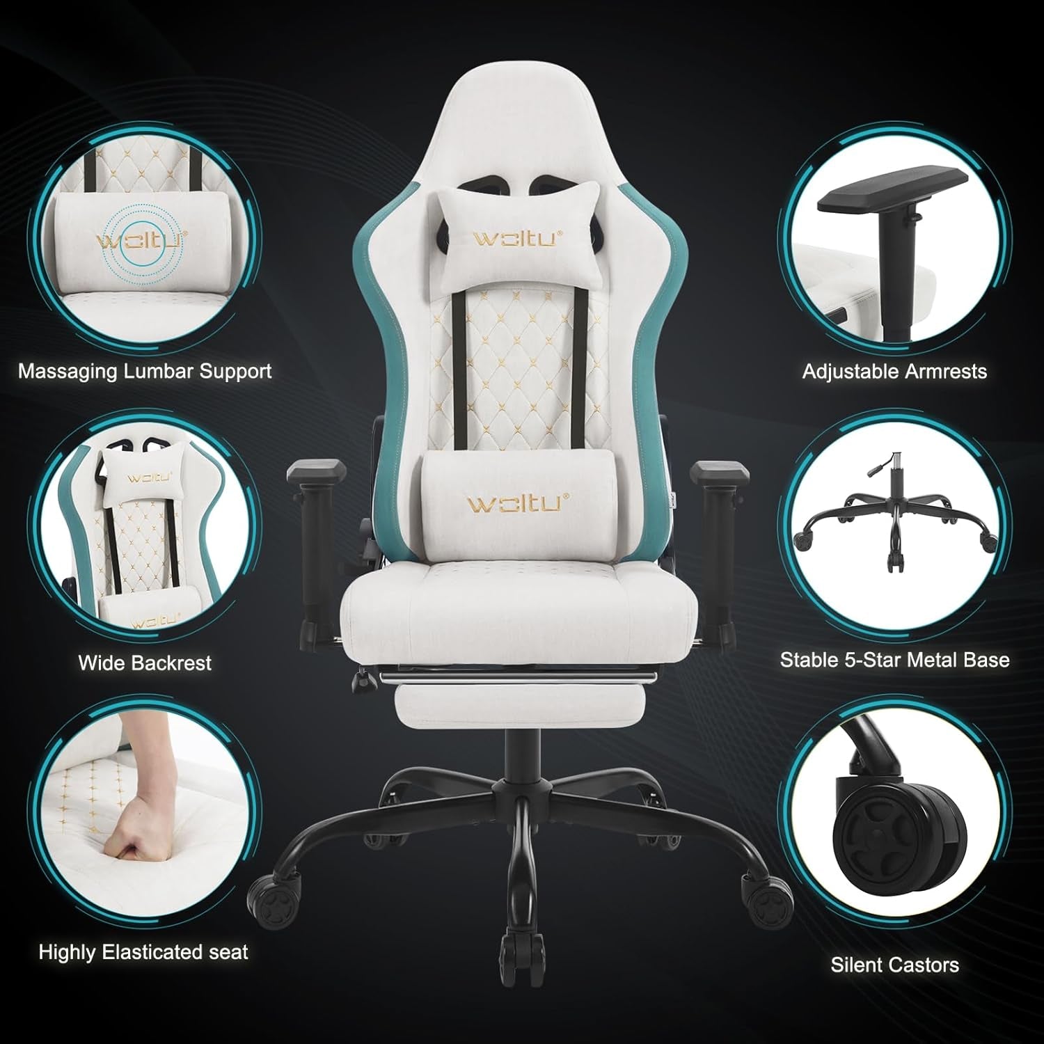 Chaise Gaming, Chaise Bureau Massante, Fauteuil Ergonomique Avec Coussin Lombaire Massant, Siège Large À Ressorts, Appui-Tête, Repose-Pieds, Tissu Technique, Charge 150Kg, Blanc