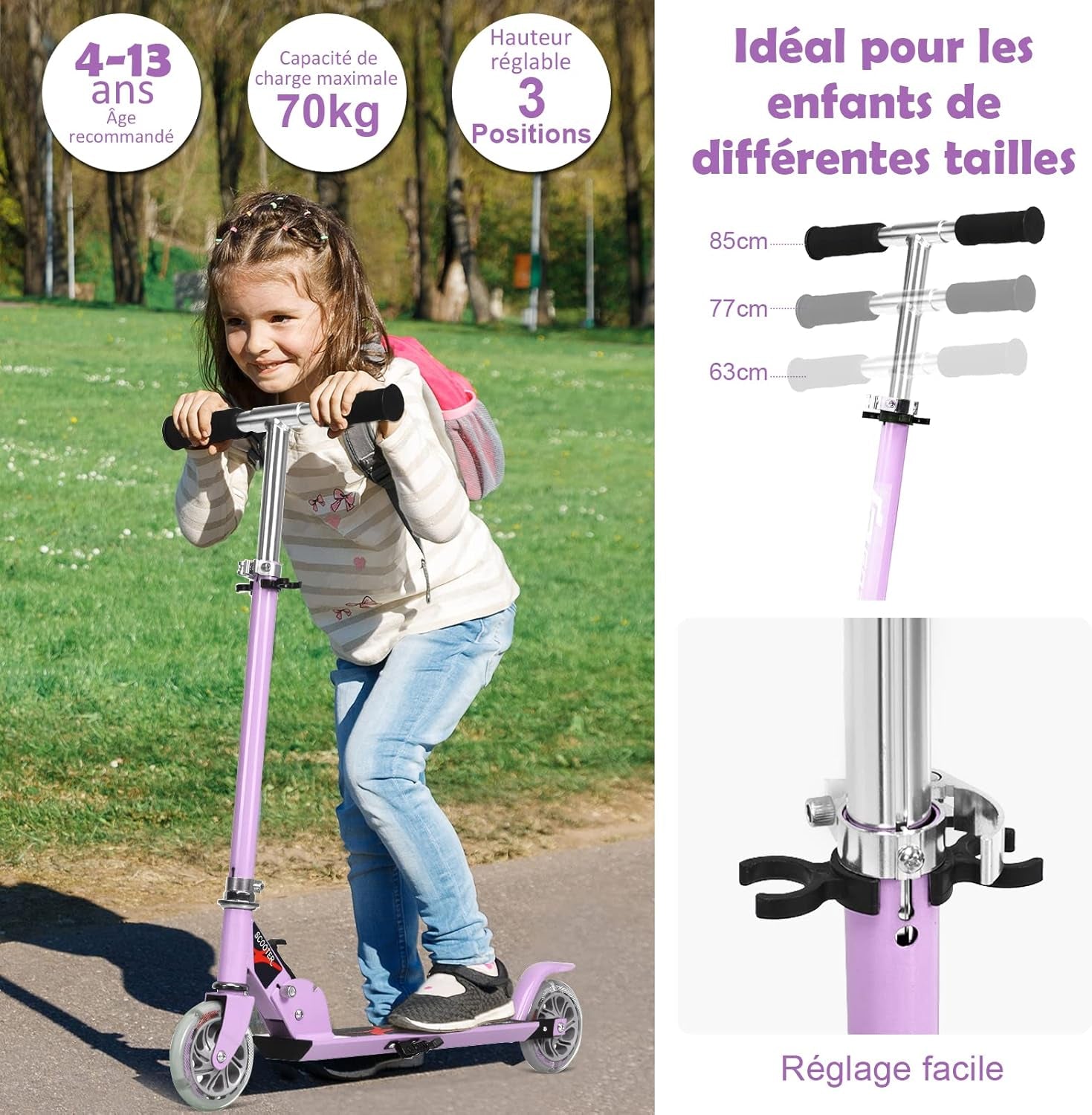 Trottinette Enfant 2 Roues Patinette Enfant Pliable Scooter Enfant Kick Avec LED Lumière Hauteur Réglable