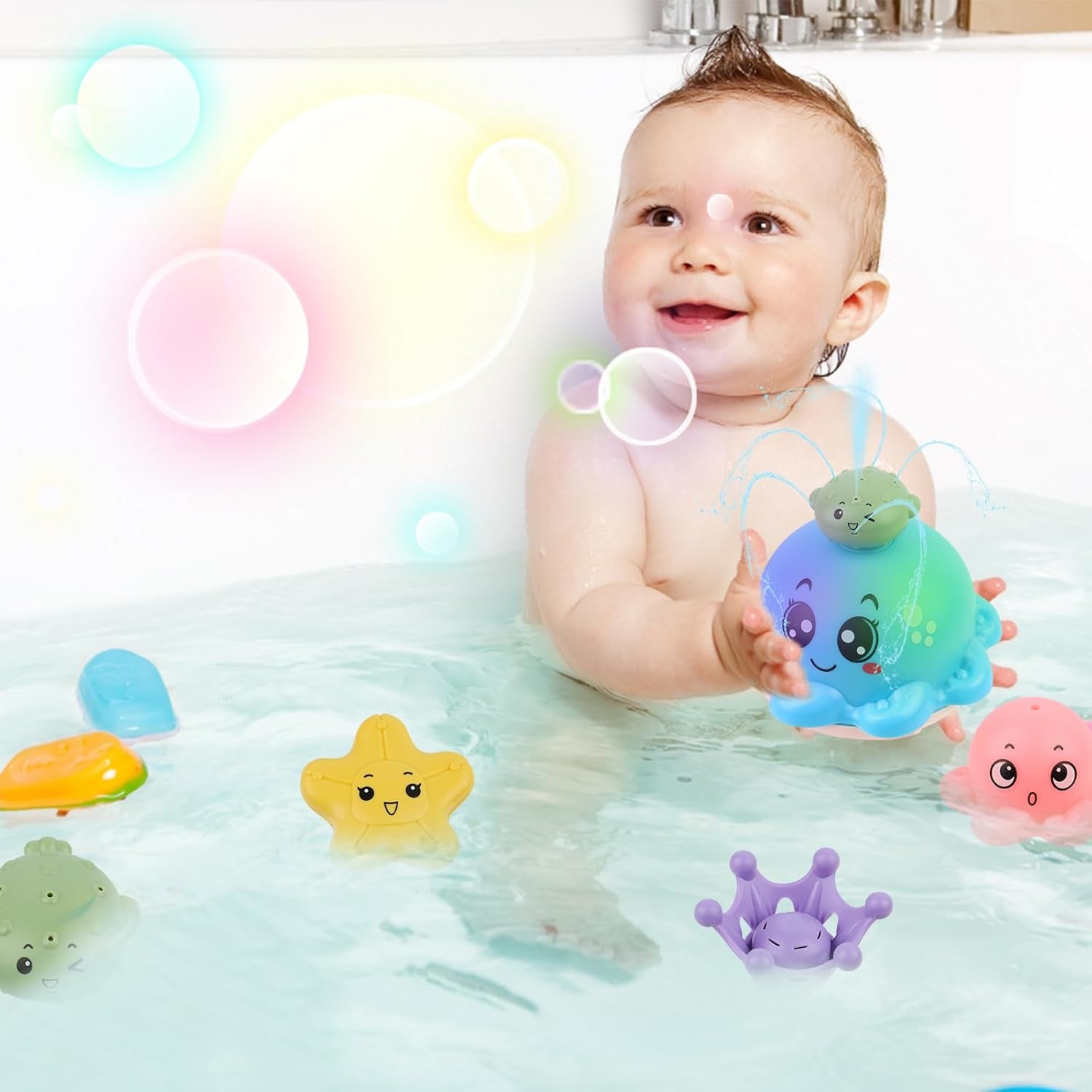 Jouets De Bain Bébé, Jeux De Bain Pour Bebe Enfant 1 2 3 4 Ans,Jouets De Bain Lumineux Pour Bébé, Jouet D'Arroseur D'Eau Poisson,Jeu D'Eau Poulpe De À Jet Avec LED Pour Les Enfants