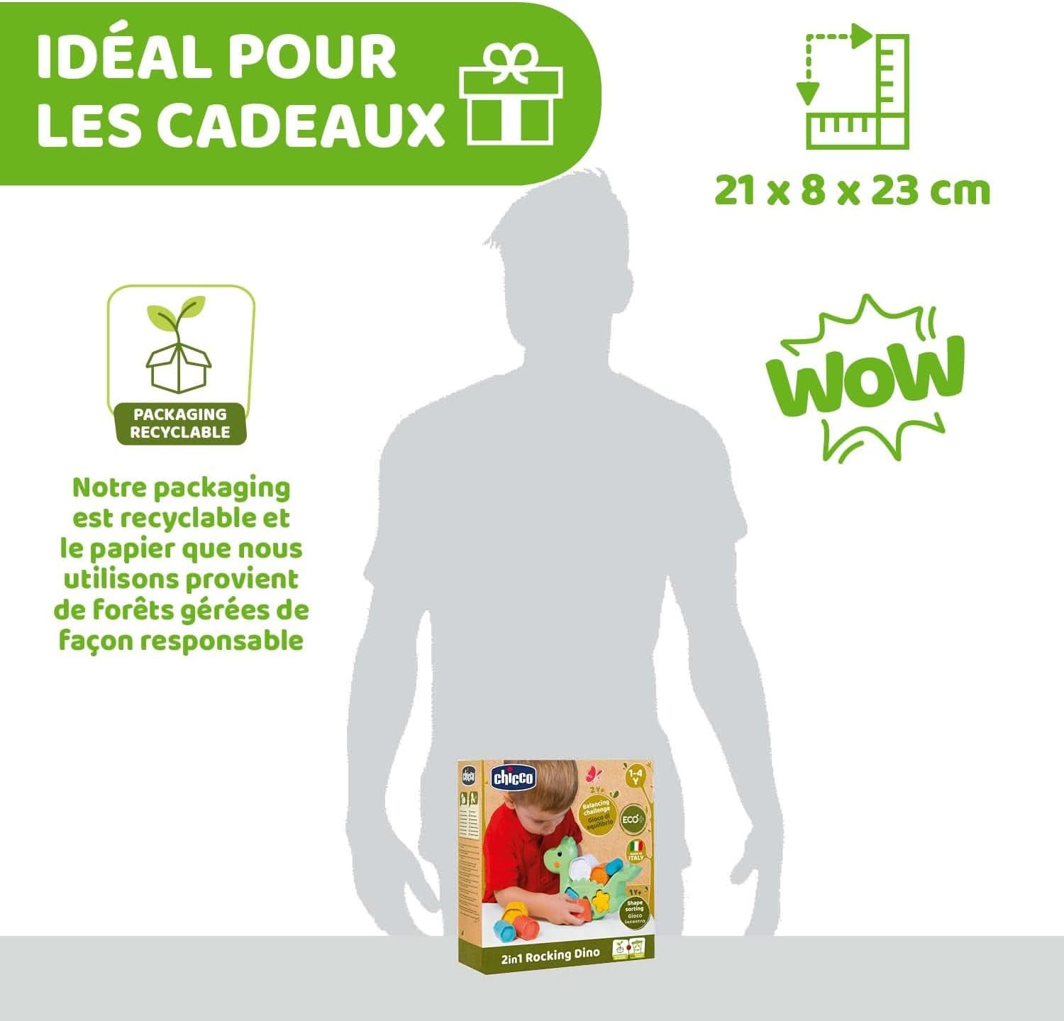 Lino Le Dino 2 En 1 ECO +, Jeu D'Équilibre Et De Tri, Dinosaure Avec 6 Cylindres, 3 Formes Et 3 Activités, Fabriqué En Italie À Partir De Plastique Recyclé, Jouet Éducatif De 1 À 4 Ans