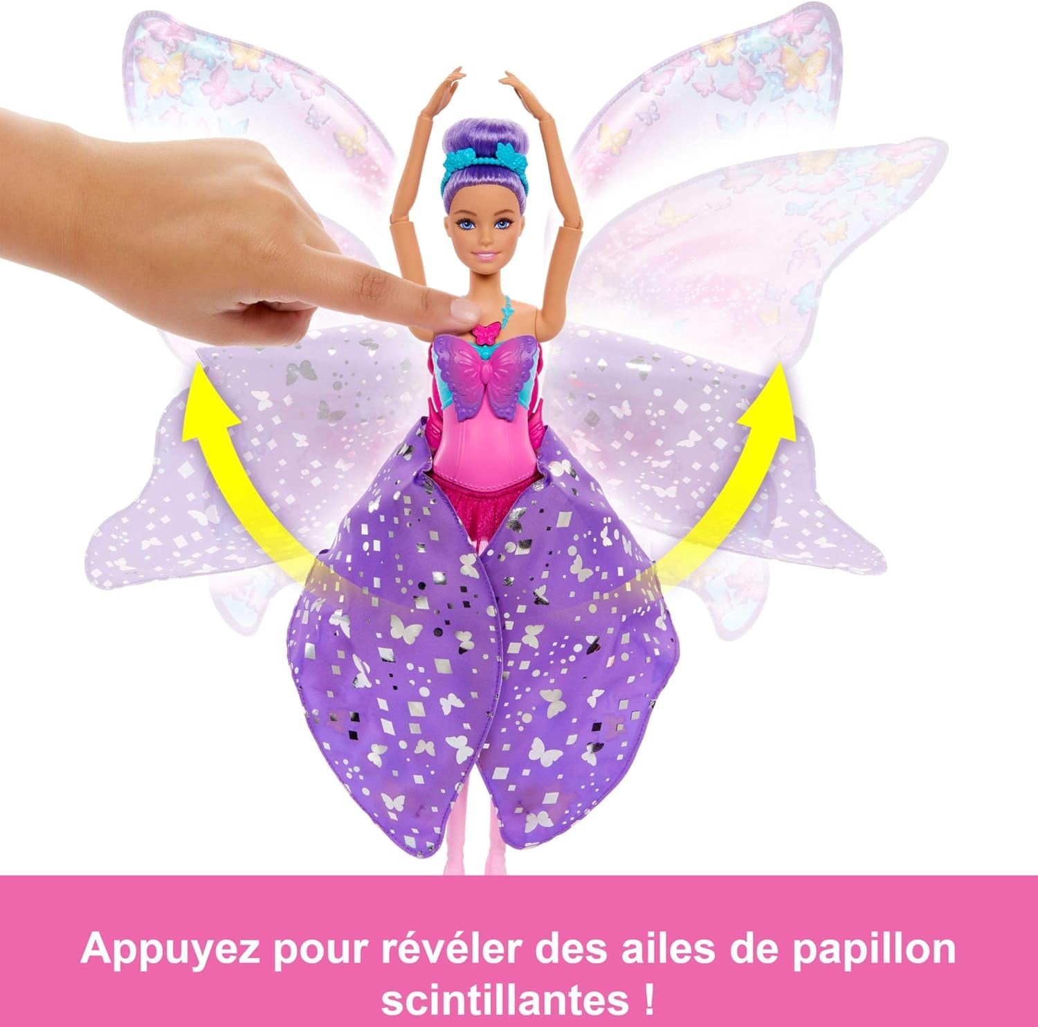 De Danseuse À Papillon Poupée Transformation 2 En 1 Avec Ailes Qui S’Ouvrent, Cheveux Violets, Serre-Tête Et Tutu Amovible, HXJ10