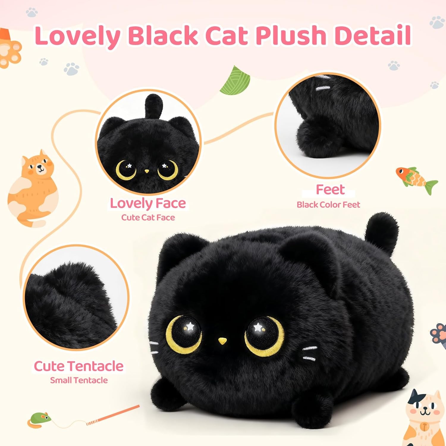 Peluche Chat Noir Kawaii Oreiller Doux 20CM, Oreiller Peluche Mignon Câlin Pour Enfants 3 Ans Et Plus, Pour Noël Et Anniversaire