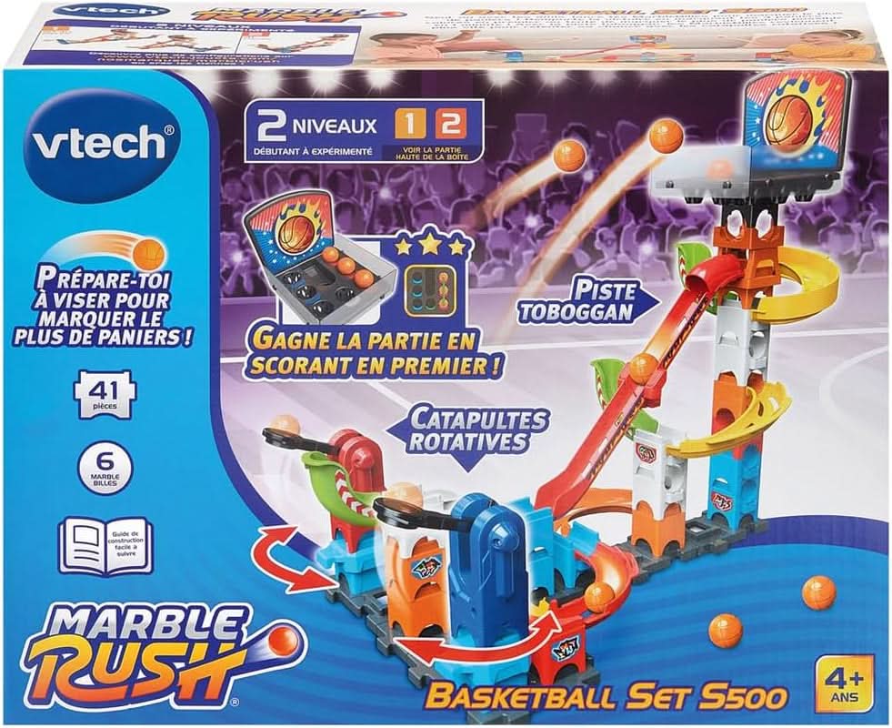 - Marble Rush, Circuit À Billes Basketball Set S500, Jeu De Construction Et De Catapultes Avec Panier De Basket, 41 Pièces, 6 Billes, Cadeau Enfant Dès 4 Ans - Contenu En Français