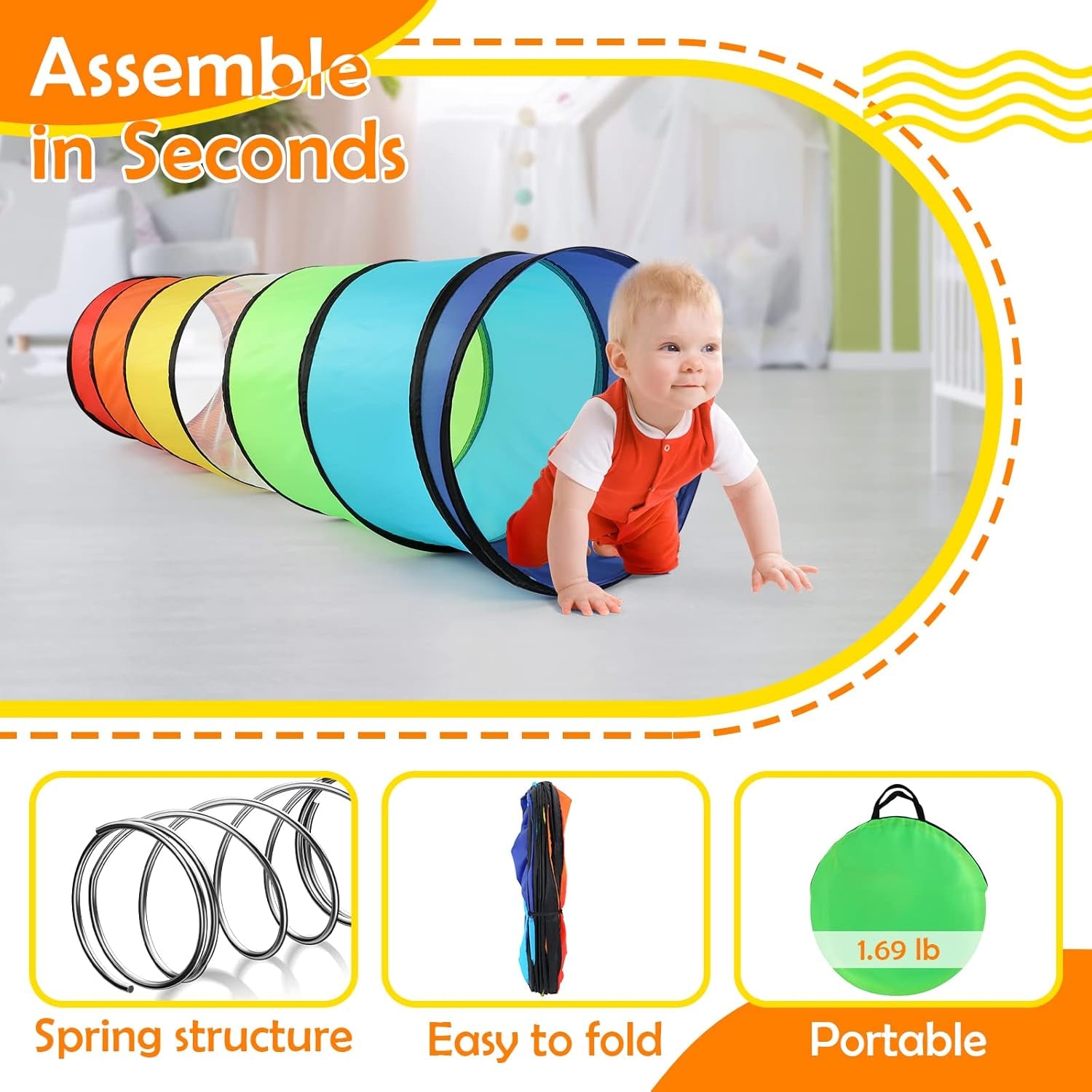 Tunnel Enfant - Tente De Jeux Exterieur Interieur Avec Côtés En Maille - 180 Cm Tunelle Pour Enfant Parcours Motricité Bébé Rampant -Jouet De Pliable Pop-Up - Cadeau Pour Animaux (Arc-En-Ciel)
