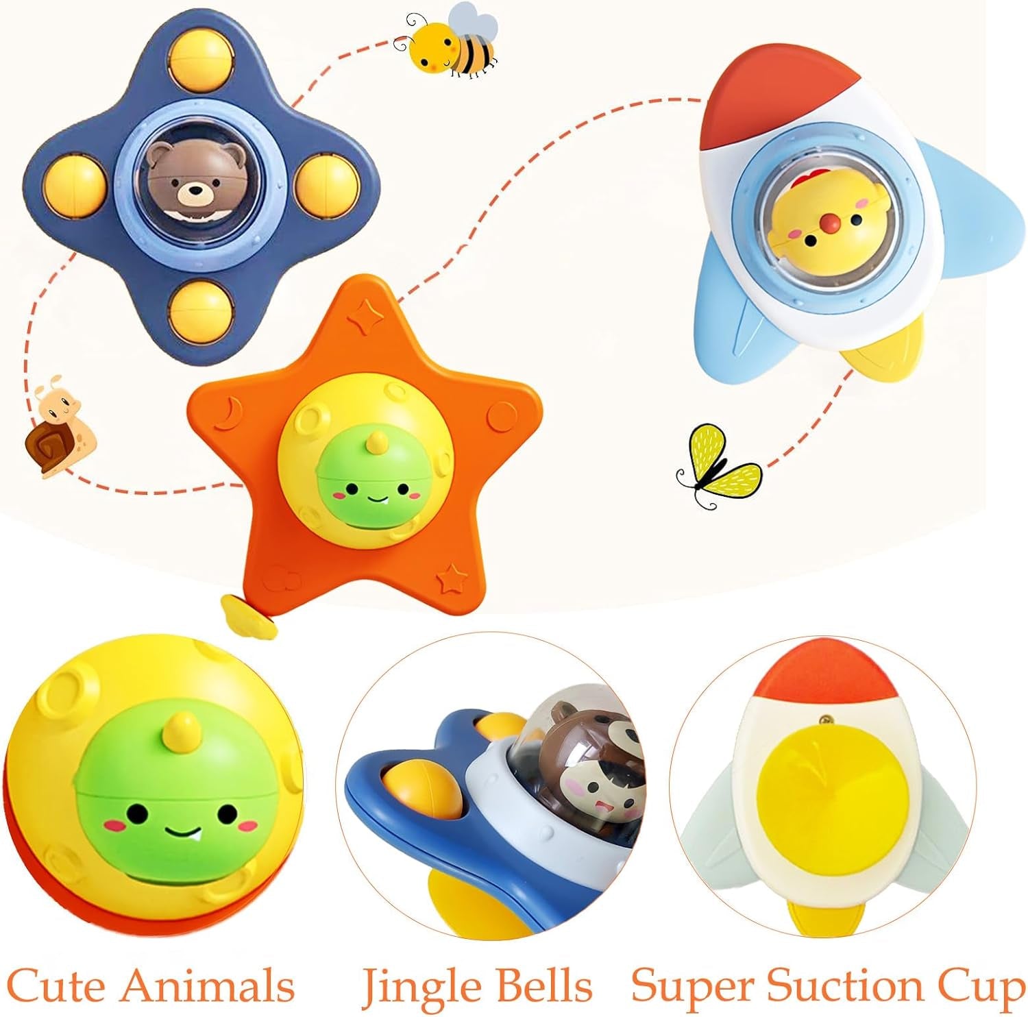 3 PCS Jouet Ventouse Bebe, Spinner Pour Baignoire Et Fenêtre De Bébé Jeux De Bain / Jeu Voiture Bebe / Jouets De Voyage Pour Les Tout, Baby Spinner Cadeau D'Anniversaire De Noël Pour 3 - 6 Ans
