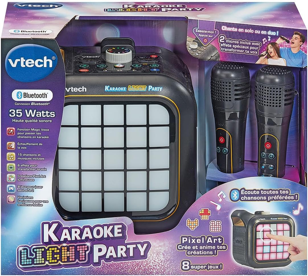 - Karaoke Light Party - Enceinte Bluetooth Lumineuse Pixel Art - Kit Karaoké Complet Avec 2 Micros Sans Fil, Modificateur De Voix Et Jeux - Cadeau Adulte, Ado Et Enfant - Contenu En Français