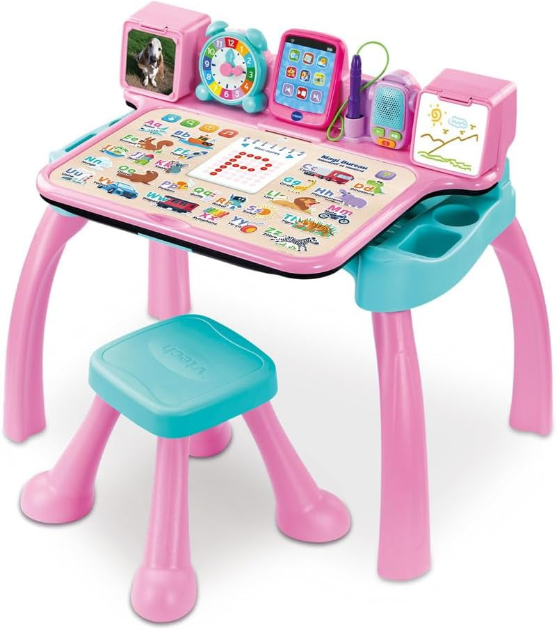- Magi Bureau Interactif Et Musical 6 En 1 - Bureau Enfant Rose Avec Tabouret - Table De Jeux Éducative, Chevalet À Dessin Et Tableau Noir À Craie - Cadeau Enfant Dès 3 Ans - Contenu En Français