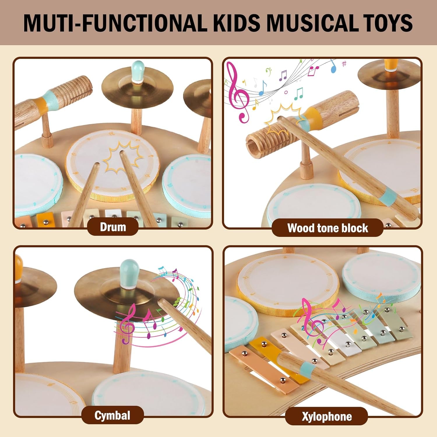 Jeux De Tambours Pour Tout-Petits Pour Garçons Et Filles De 1 An, Tambour Bébé Avec Xylophone Pour Tout-Petits De 1 À 3 Ans, Instruments De Musique, Jouets Montessori En Bois Pour Enfants, Cadeaux De