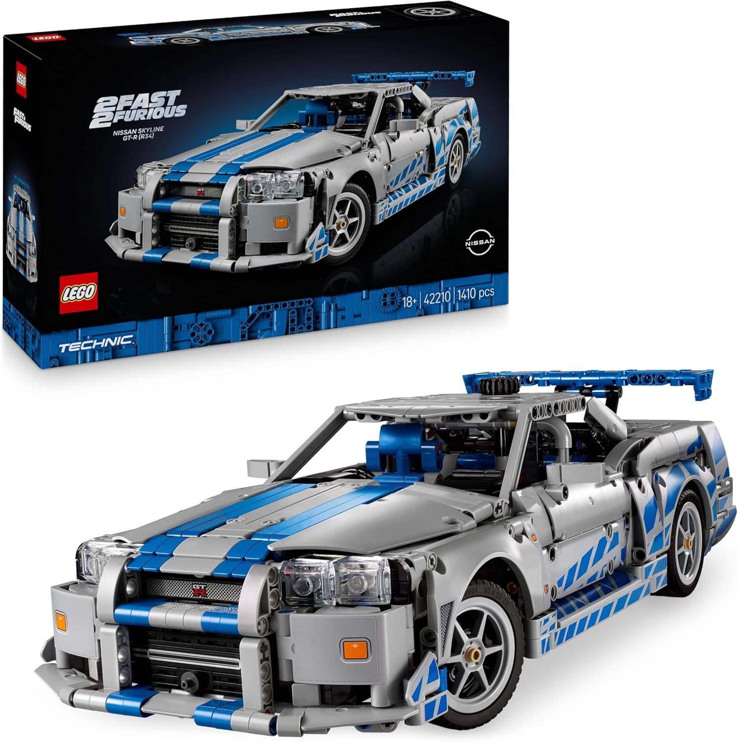 Technic Voiture Nissan Skyline GT-R (R34) 2 Fast 2 Furious - Maquette De Voiture Pour Adulte - Fonction Drift, Direction, Suspension & Moteur 6 Cylindres - Cadeau Collector Pour Fans 42210