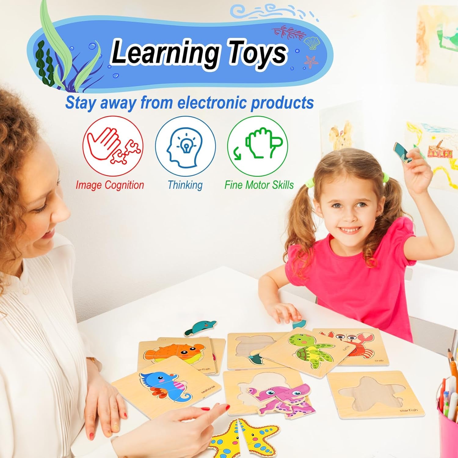 8 Puzzles En Bois Enfant, Jeux Bébé, Jouet Montessori Pour Garçons Filles, Cadeau Anniversaire Halloween Noël, Cube Animaux Marins, Éducatifs 1 2 3 Ans