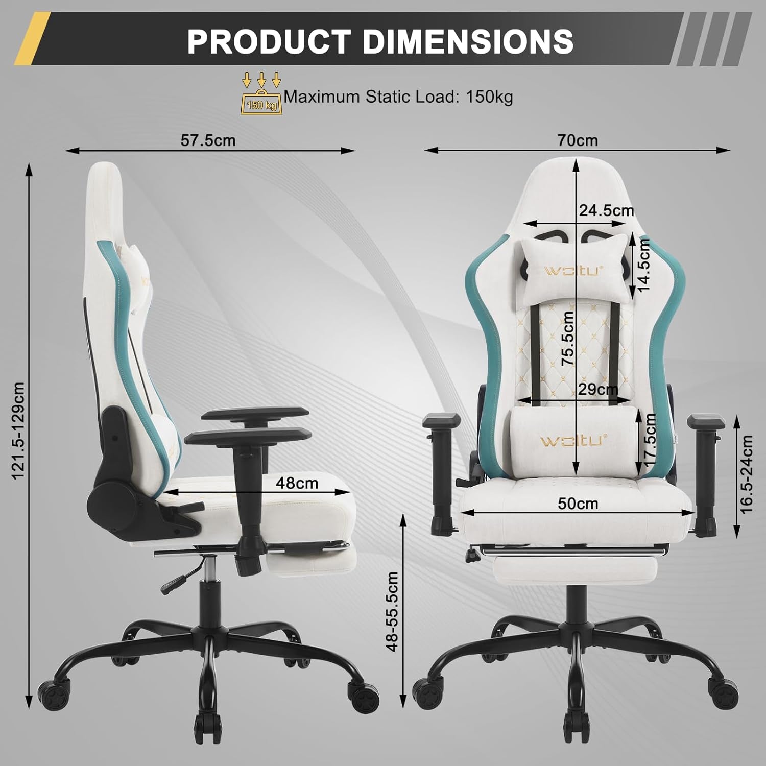 Chaise Gaming, Chaise Bureau Massante, Fauteuil Ergonomique Avec Coussin Lombaire Massant, Siège Large À Ressorts, Appui-Tête, Repose-Pieds, Tissu Technique, Charge 150Kg, Blanc