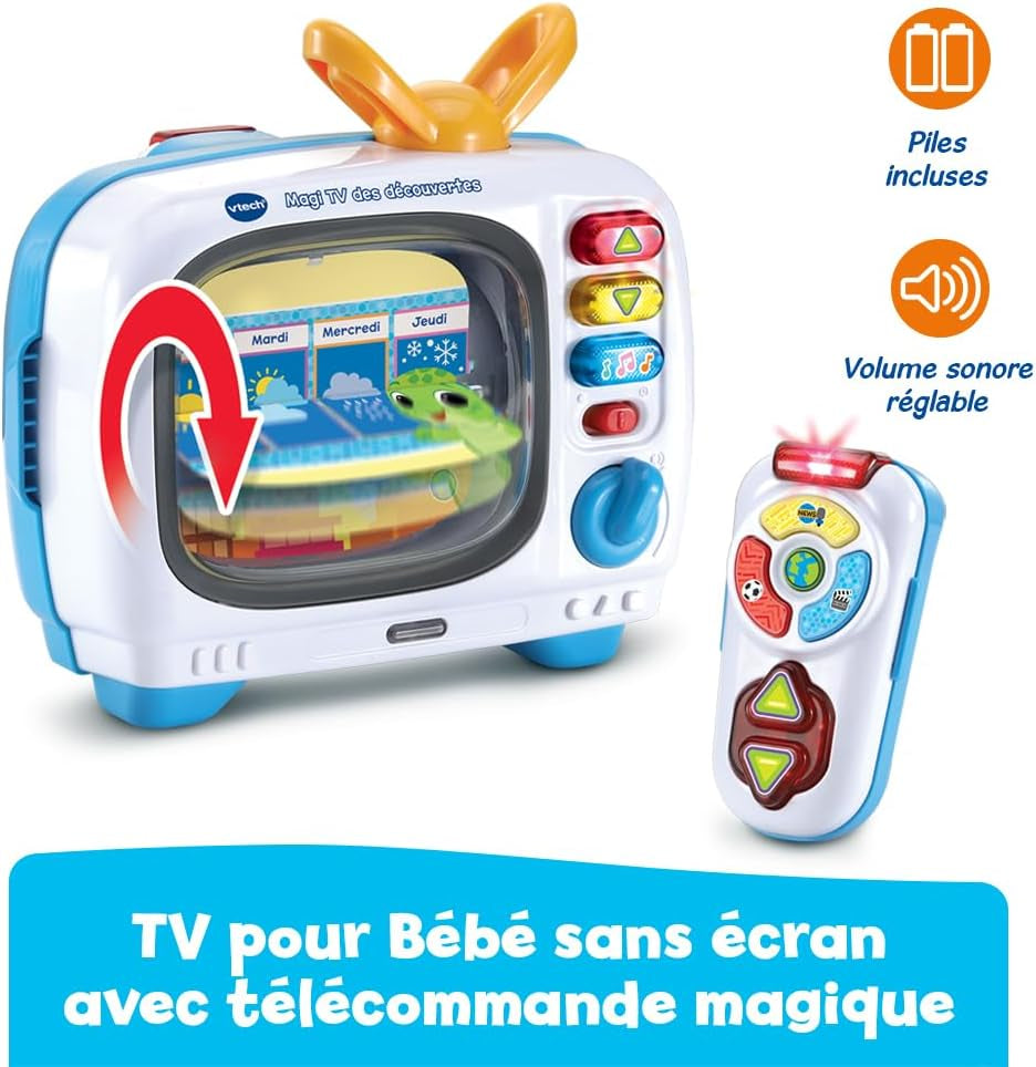- Magi TV Des Découvertes - Télé Bébé Musicale Avec Télécommande Bébé Jouet Interactif, Effets Lumineux - Jouet Parlant Bilingue Fr/En - Cadeau Enfant Dès 1 an - Contenu En Français Et Anglais